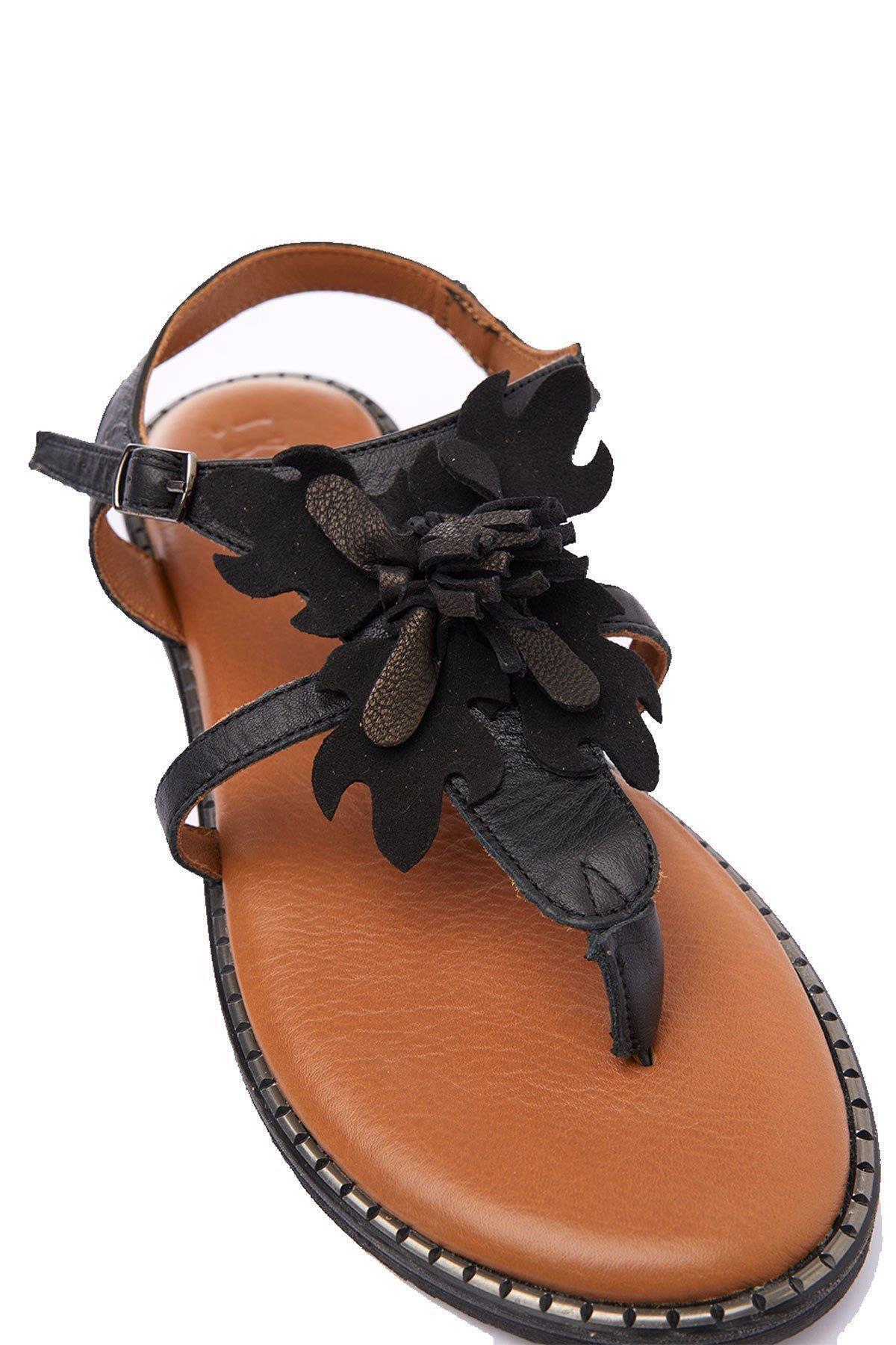 Deriderim-Sandale de damă - piele de căprioară autentică neagră, florale, talpă flip flop, piele maro, curea la gleznă 5