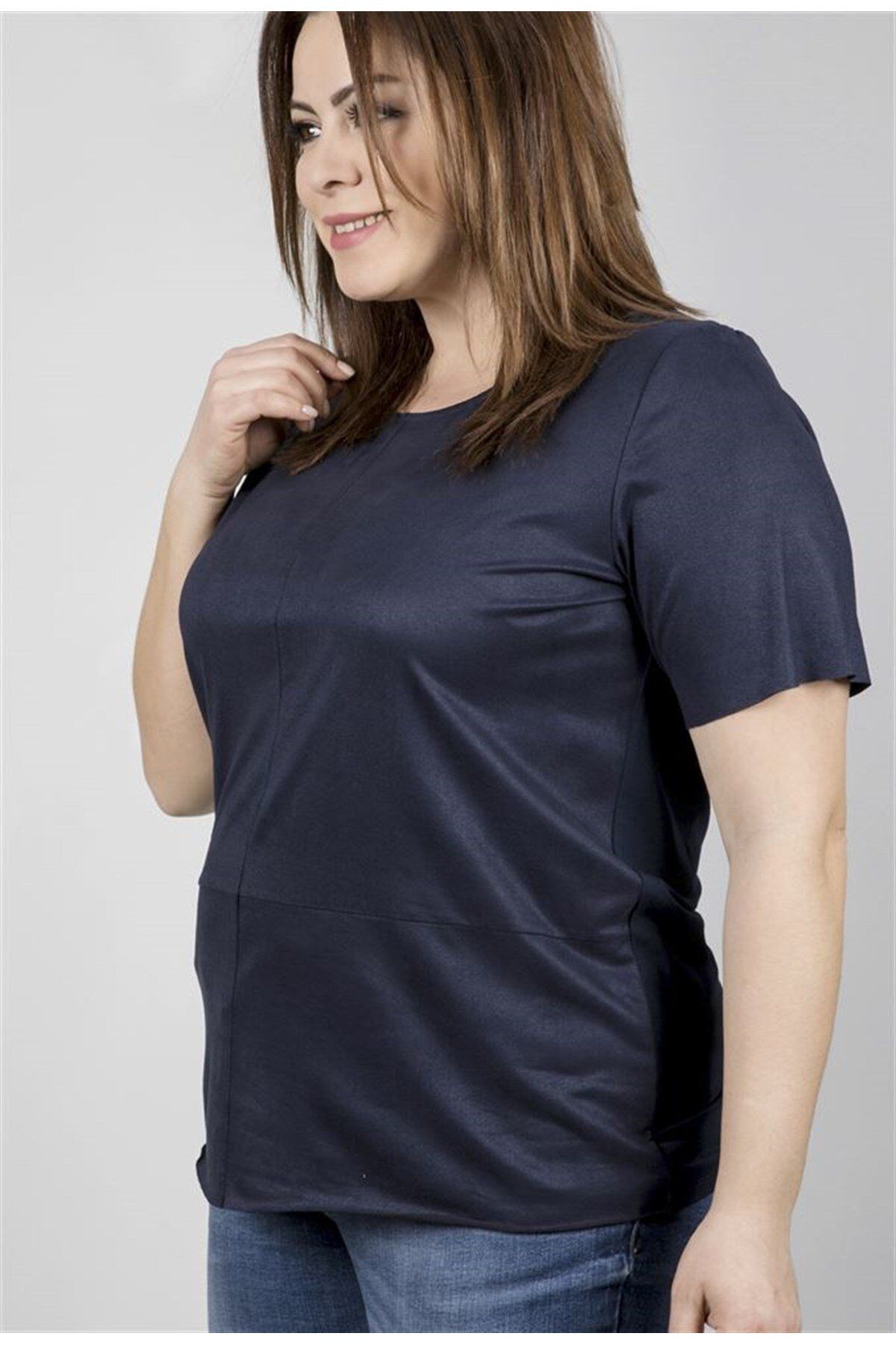 MYLİNE-Front Size Suede Back Size Knitted Viscose T-Shirt 2