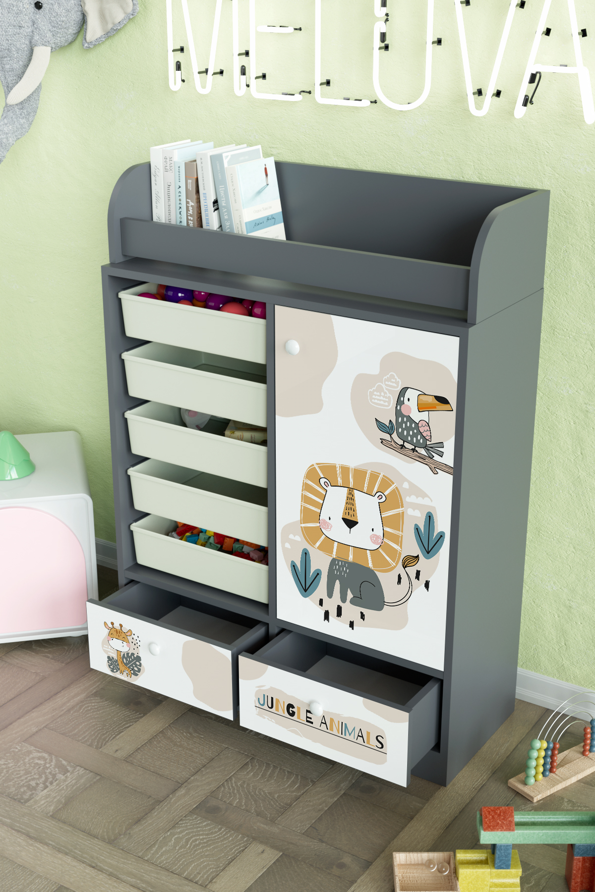 Hediyeler Kapında Jungle Animals Design "Melova" 5 Sepetli 2 Çekmeceli Çok Amaçlı Oyuncak Dolabı fotoğrafı 4 (önizleme)