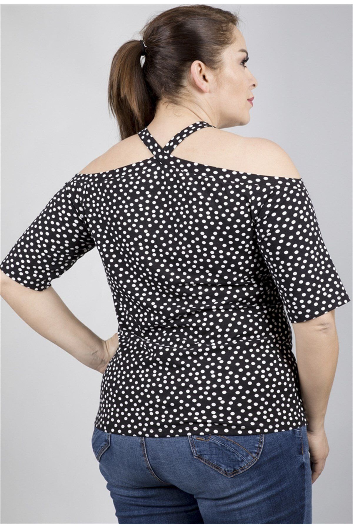 MYLİNE-Halter Neck Polka Dot Pattern Knitted T-Shirt 4