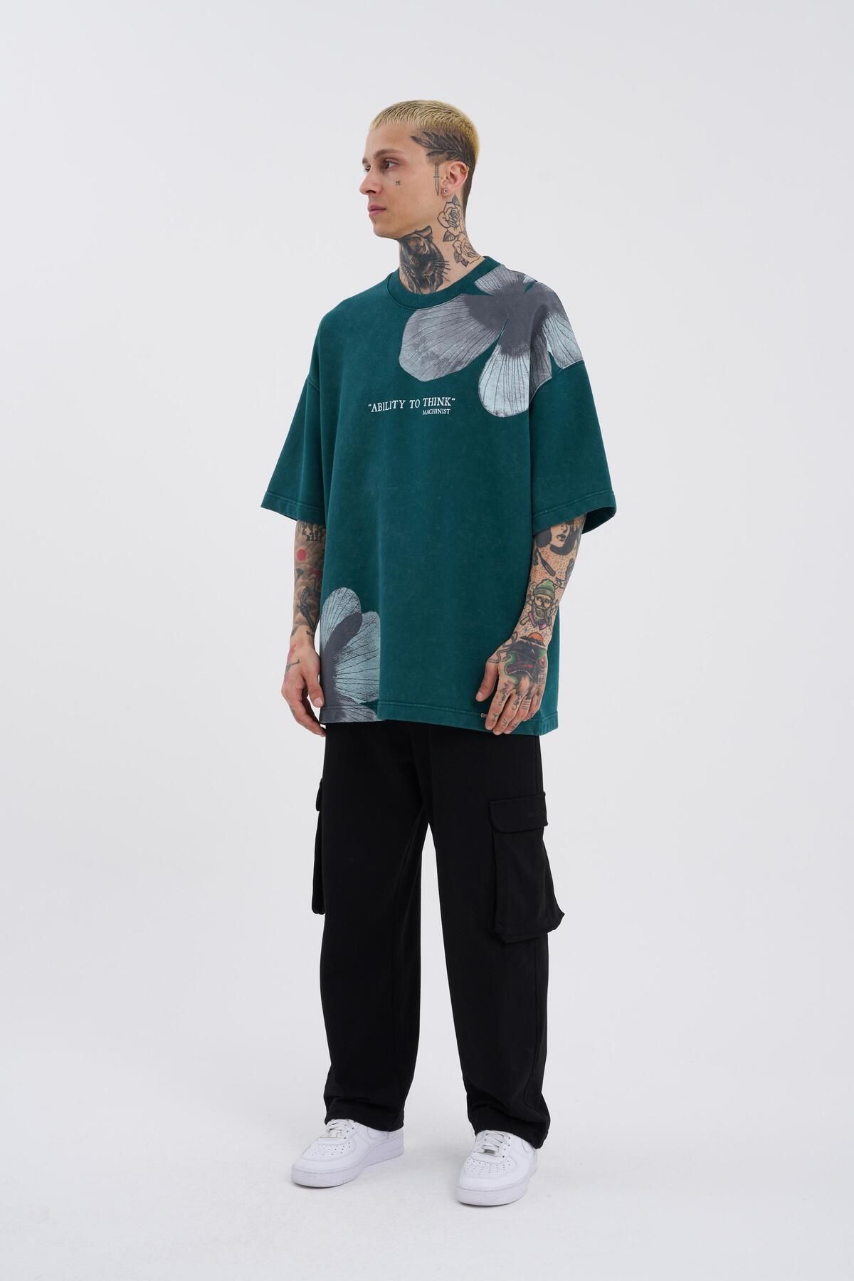 Machinist-Men's Oversize Petrol Cloudy T-Shirt - Washed Flowers Printed 4
