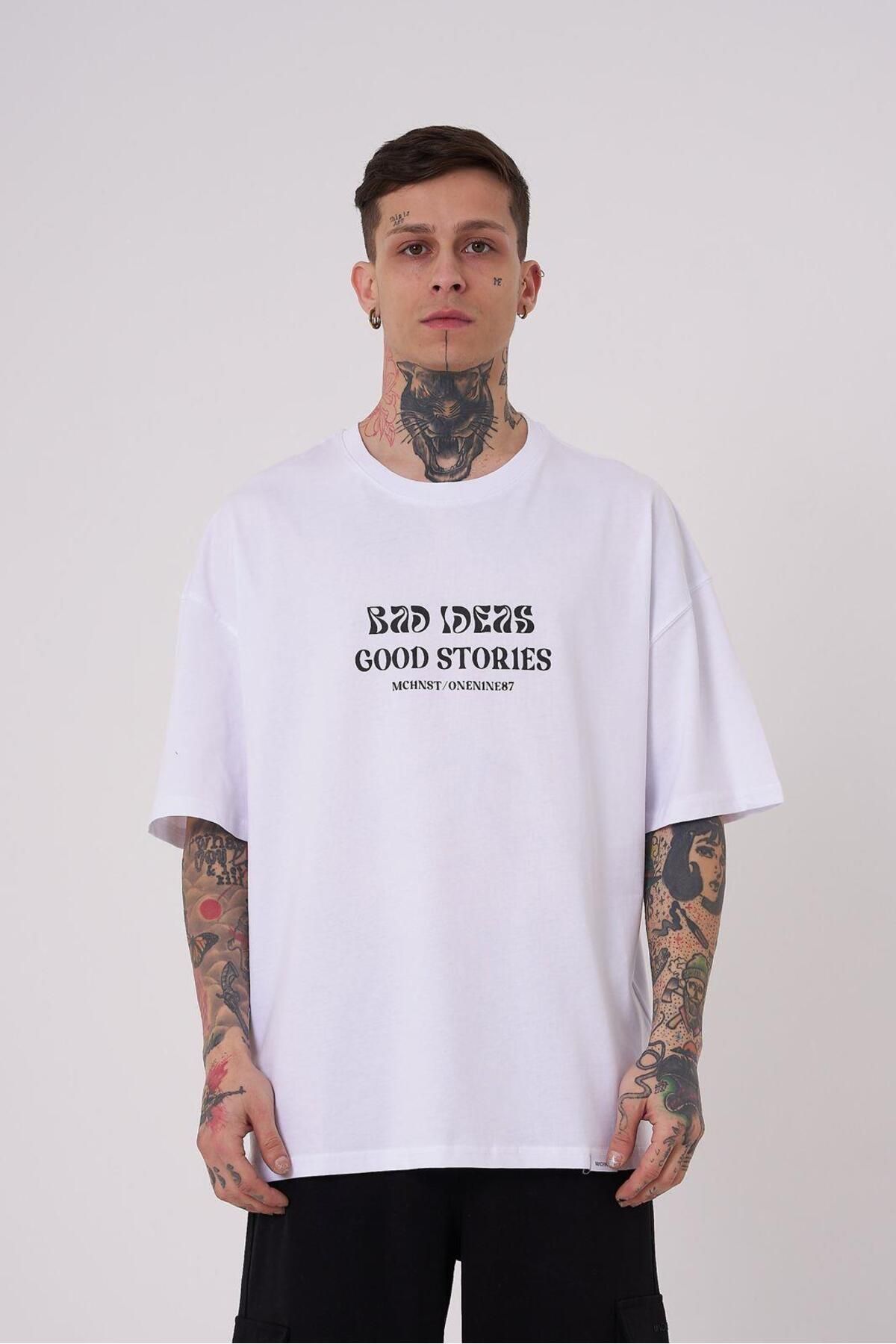 Machinist-Men's Good Stories Printed Oversize White T-Shirt 2