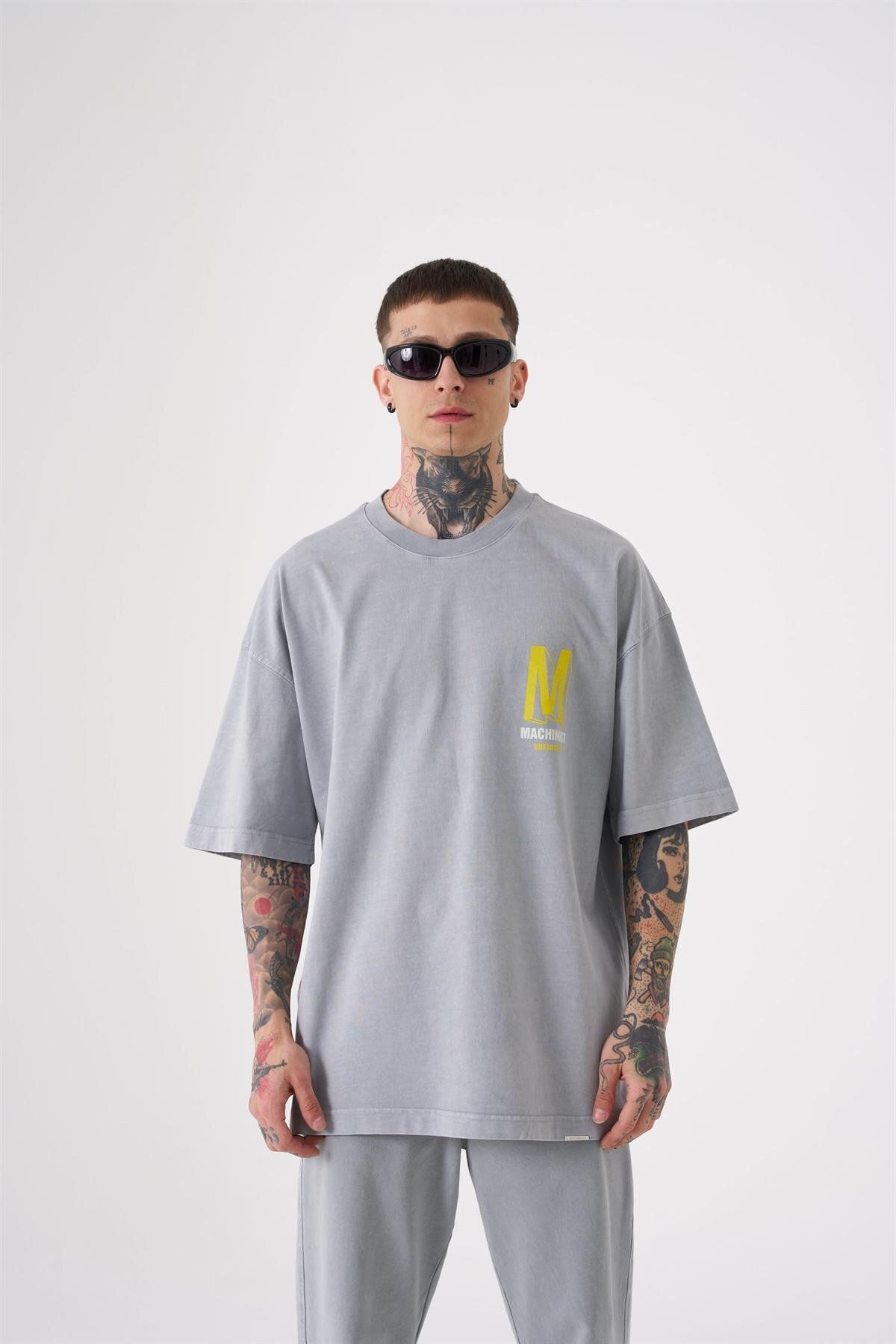 Machinist-Men's Onenine87 Printed Washed Oversize Yellow T-Shirt 2