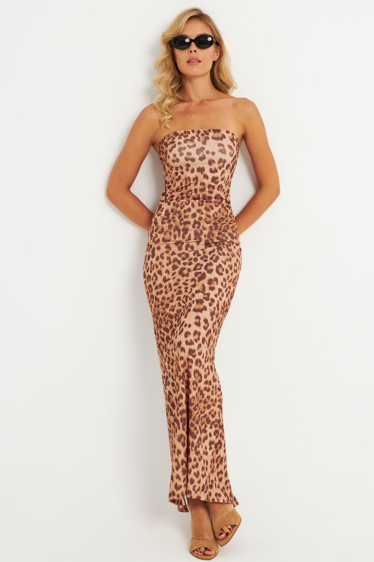 Kadın Camel Leopar Desenli Midi Straplez Yılbaşı Elbise XC001