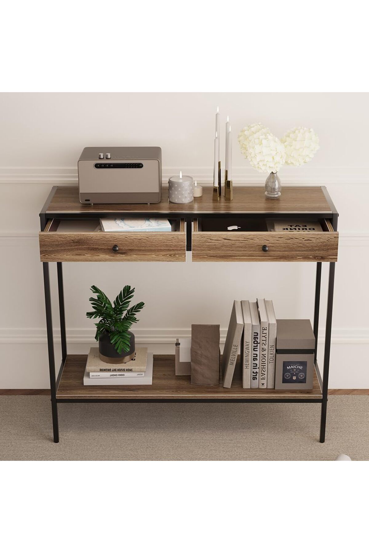 AGD-Side Entry Table with Two Drawers and Bottom Shelf in Contemporary Design 100X33X90cm 3