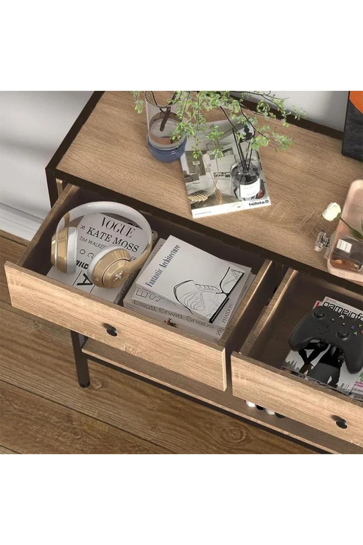 AGD-Side Entry Table with Two Drawers and Bottom Shelf in Contemporary Design 100X33X90cm 4