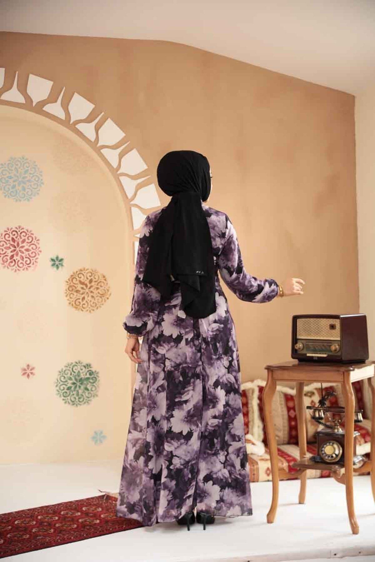 Neva Style-Φόρεμα Hijab Σκούρο Λιλά με Floral Σχέδιο 279910KLILA 3