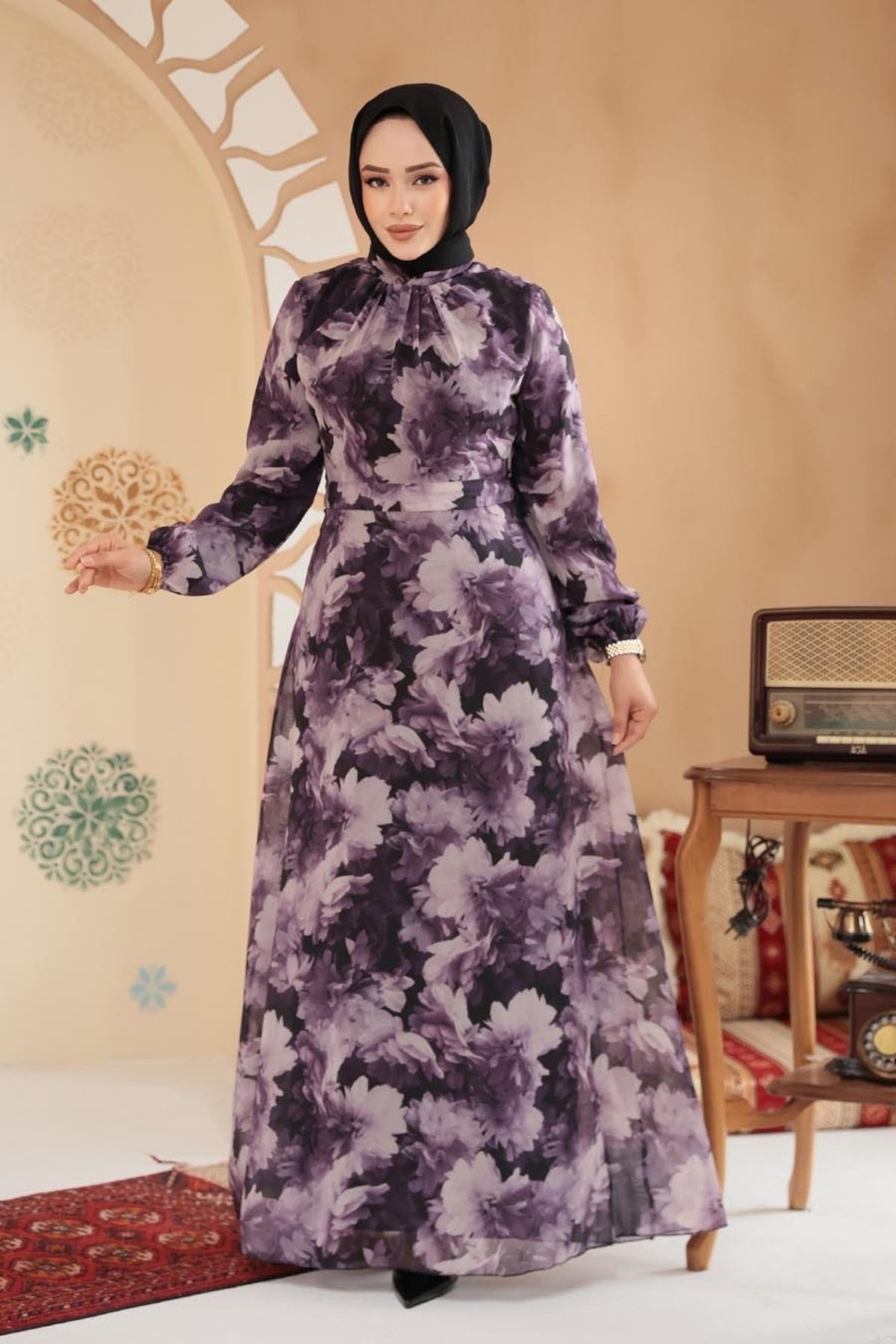 Neva Style-Φόρεμα Hijab Σκούρο Λιλά με Floral Σχέδιο 279910KLILA 4
