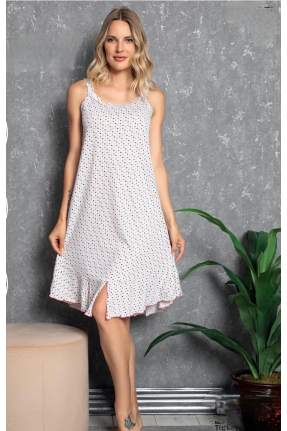 Flamingo-Women's Thin Strap Viscose Combed Cotton Home Dress 1