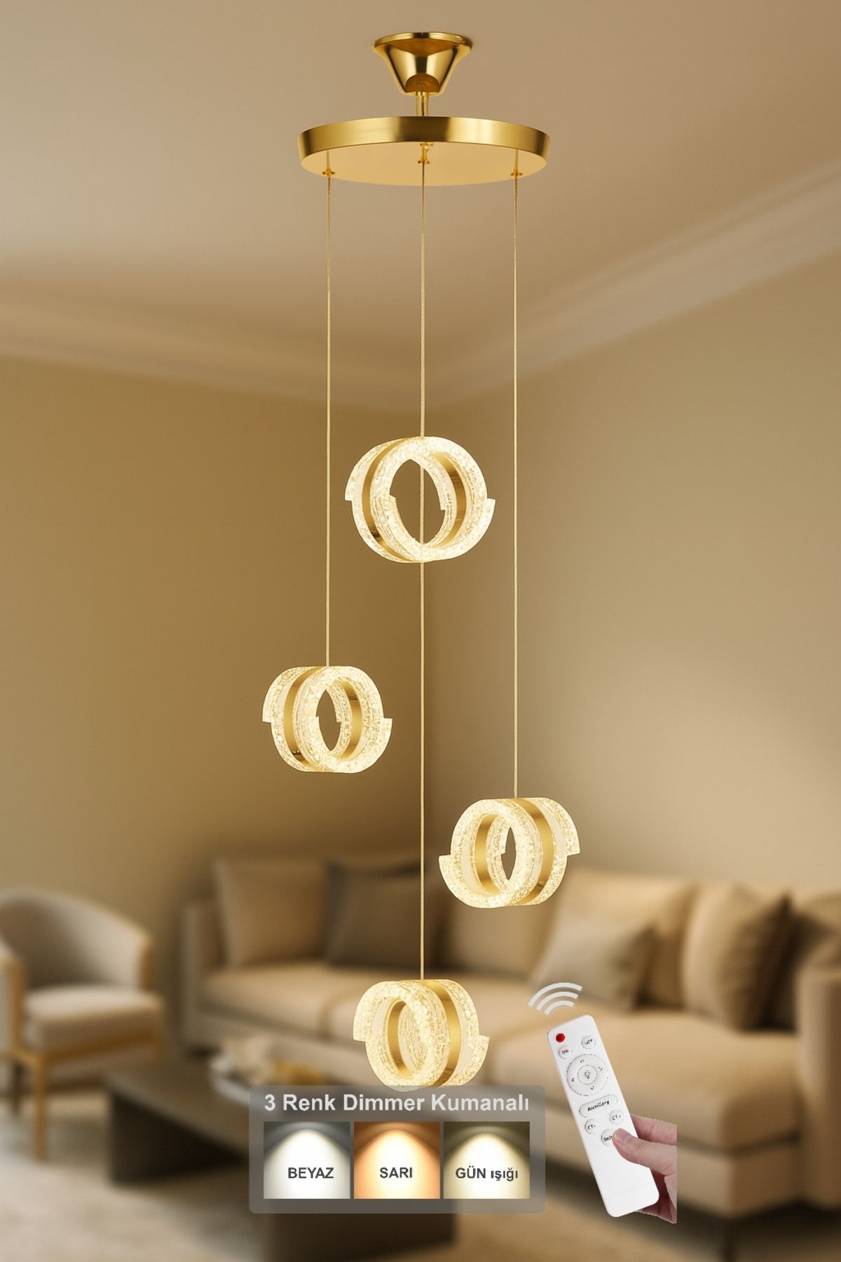Avizemoda Savona 4 lü Sarkıt Dimmer Kumandalı 3 Renk Ledli (Sarı-Beyaz-Gün Işığı) Modern Akrilik Avize -Gold