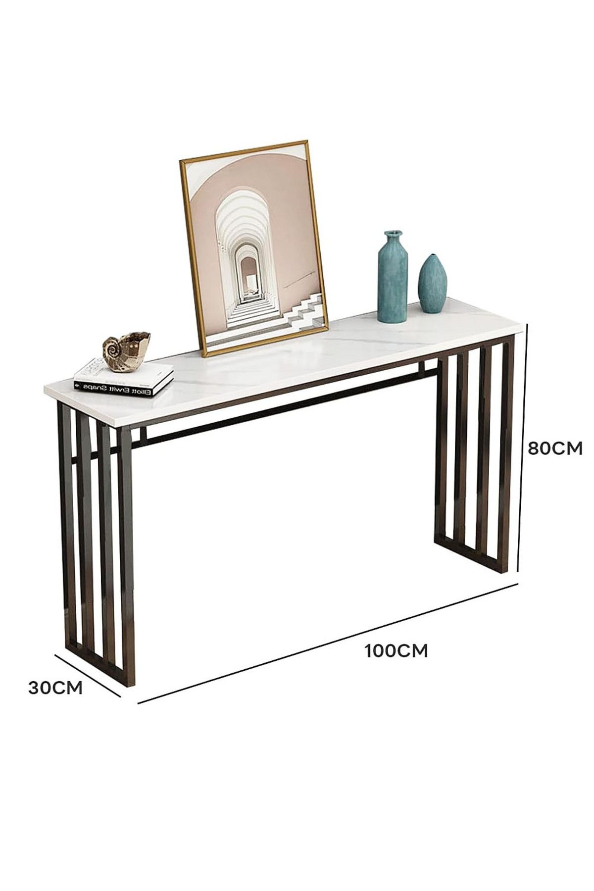 AGD-Entryway Console Table, Narrow Sofa Table with Marble Design, for Entryway and Living Room 100x30x80cm, White 4