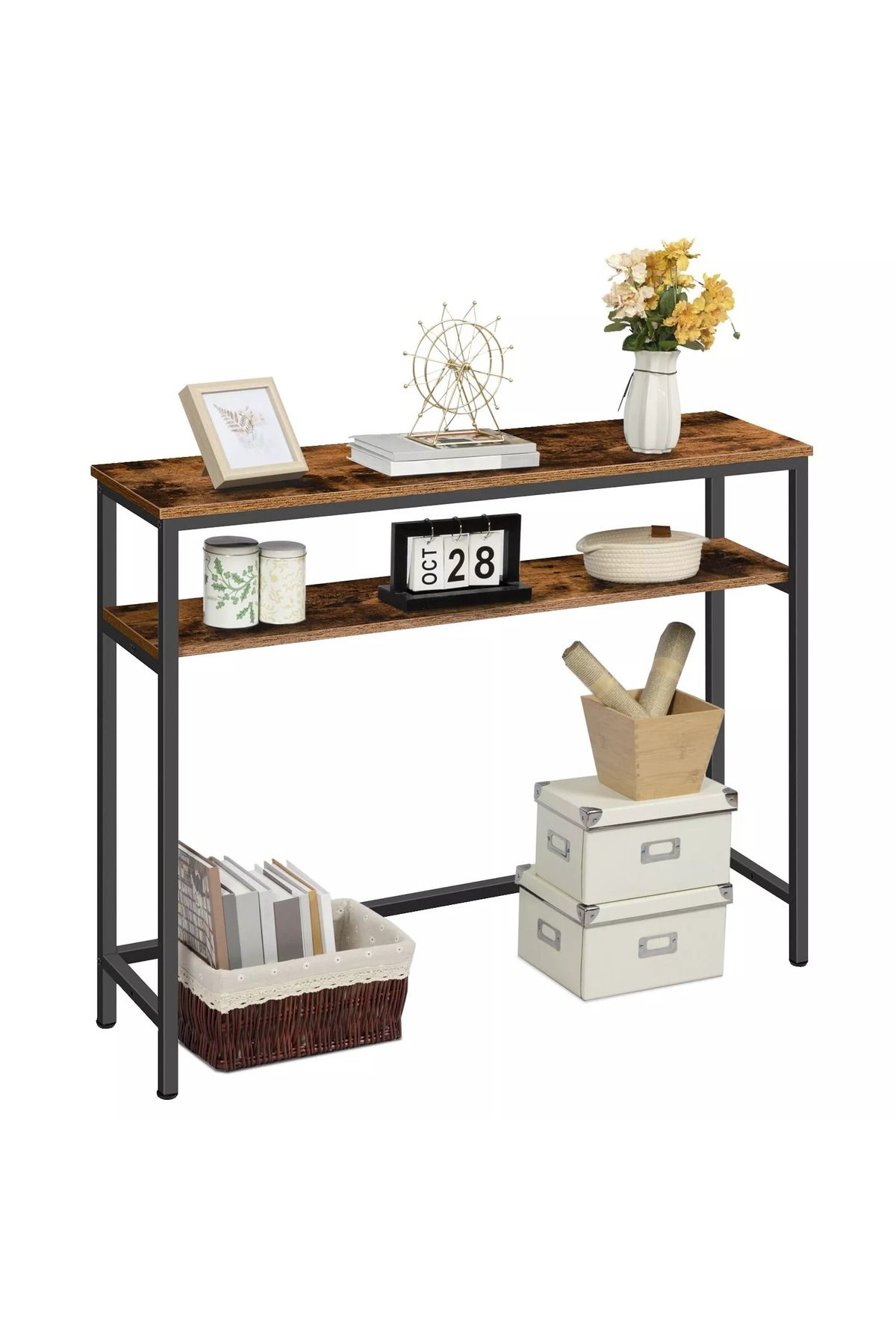 AGD-Console Table 100 x 30 x 90 cm, Slim Sofa Table, Side Coffee Table with 2-Tier Storage Shelf 3