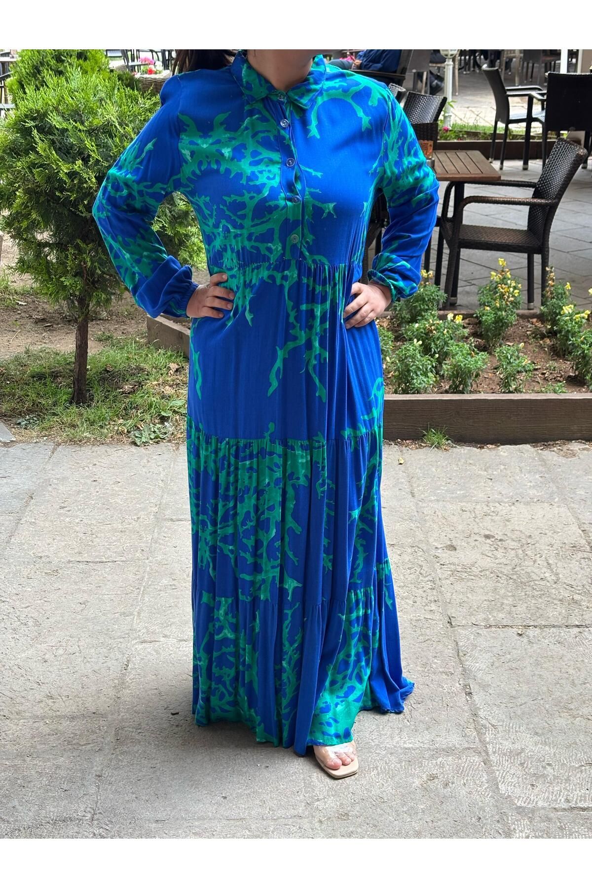 Sobe Hediyelik-Coral Pattern Button Long Dress – Stylish and Comfortable Design for the Season 4
