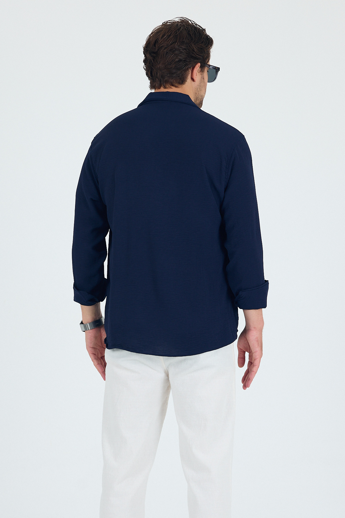 SKYMOOD  Keten Dokulu Oversize Erkek Gömlek Lacivert Uzun Kollu - Görsel 7