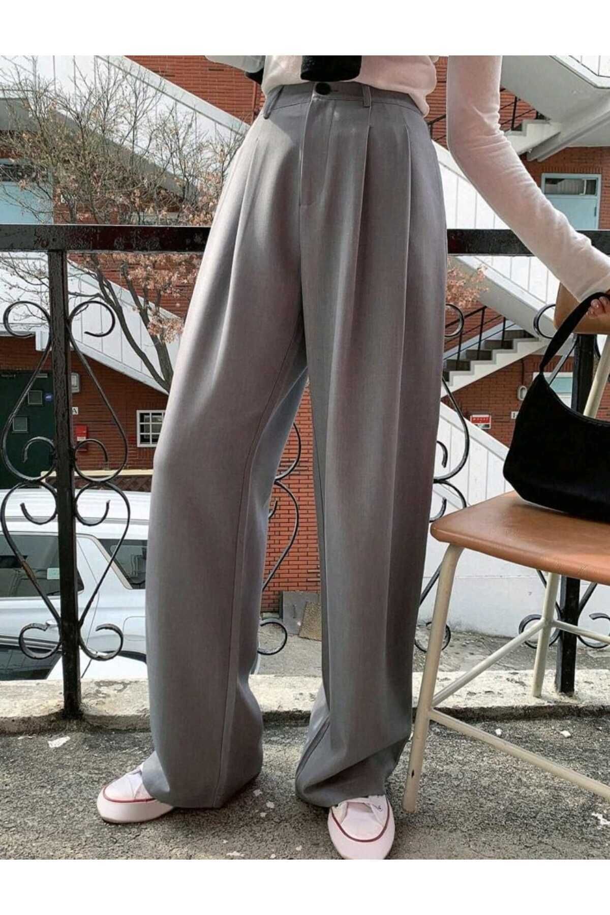 mor butik MOR BUTİK KADIN GRİ PALAZZO OVERSIZE RAHAT KESİM PANTOLON NEGY01001