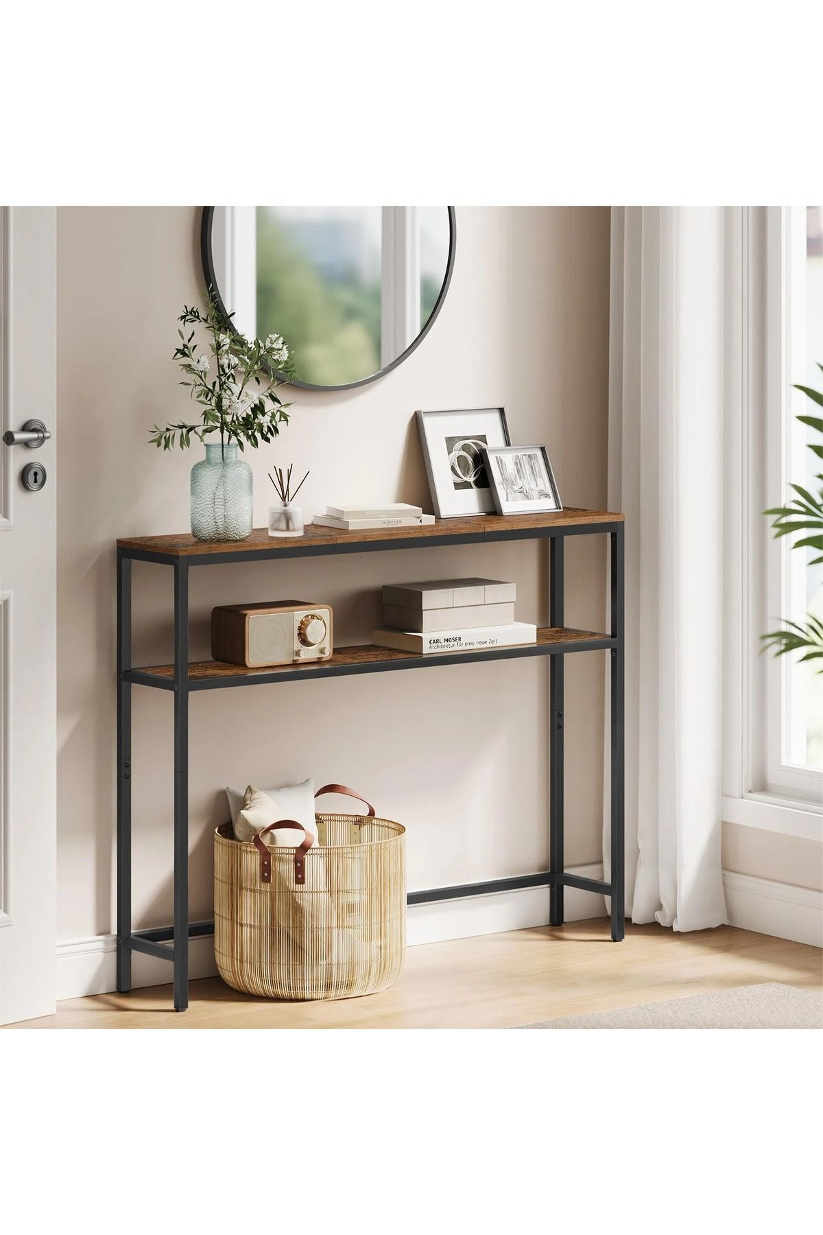 AGD-Console Table 100 x 30 x 90 cm, Slim Sofa Table, Side Coffee Table with 2-Tier Storage Shelf 2