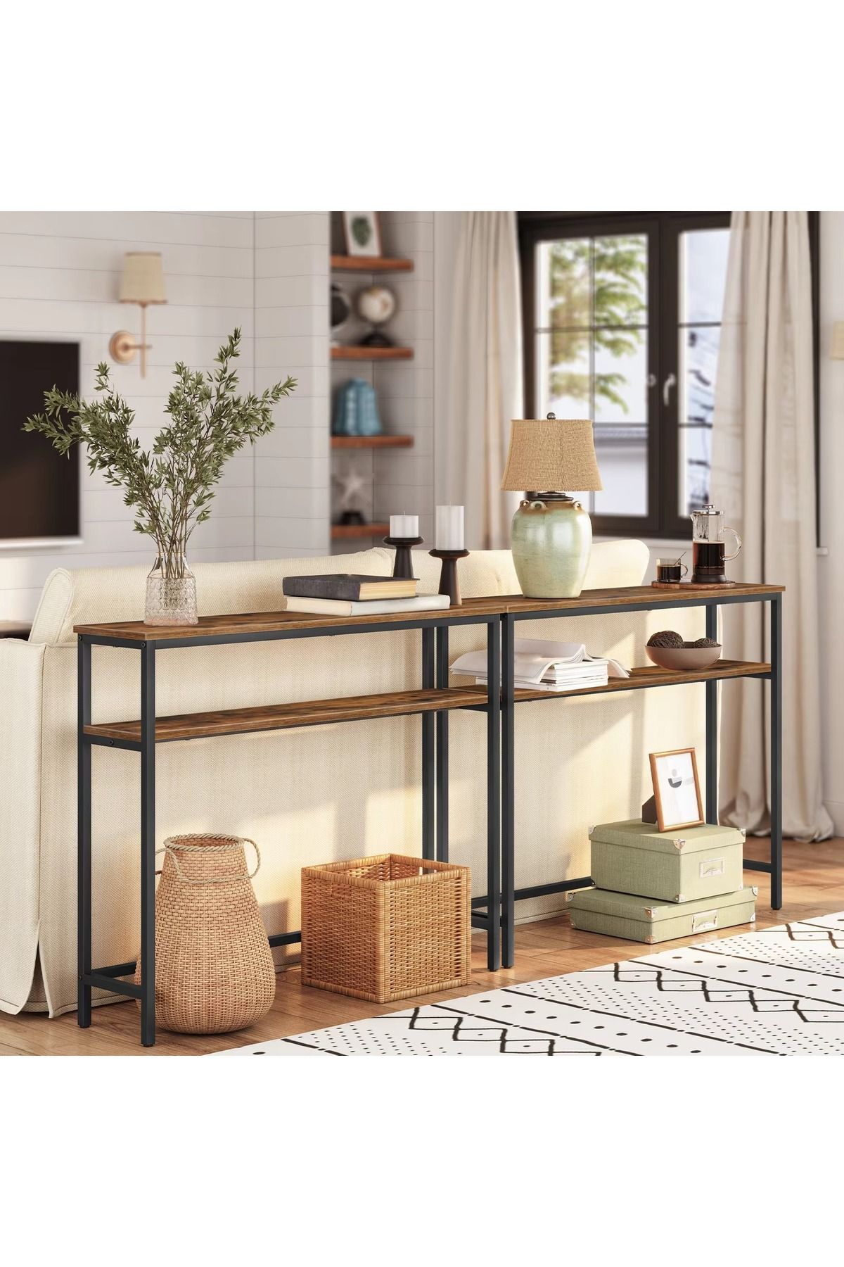 AGD-Console Table 100 x 30 x 90 cm, Slim Sofa Table, Side Coffee Table with 2-Tier Storage Shelf 4