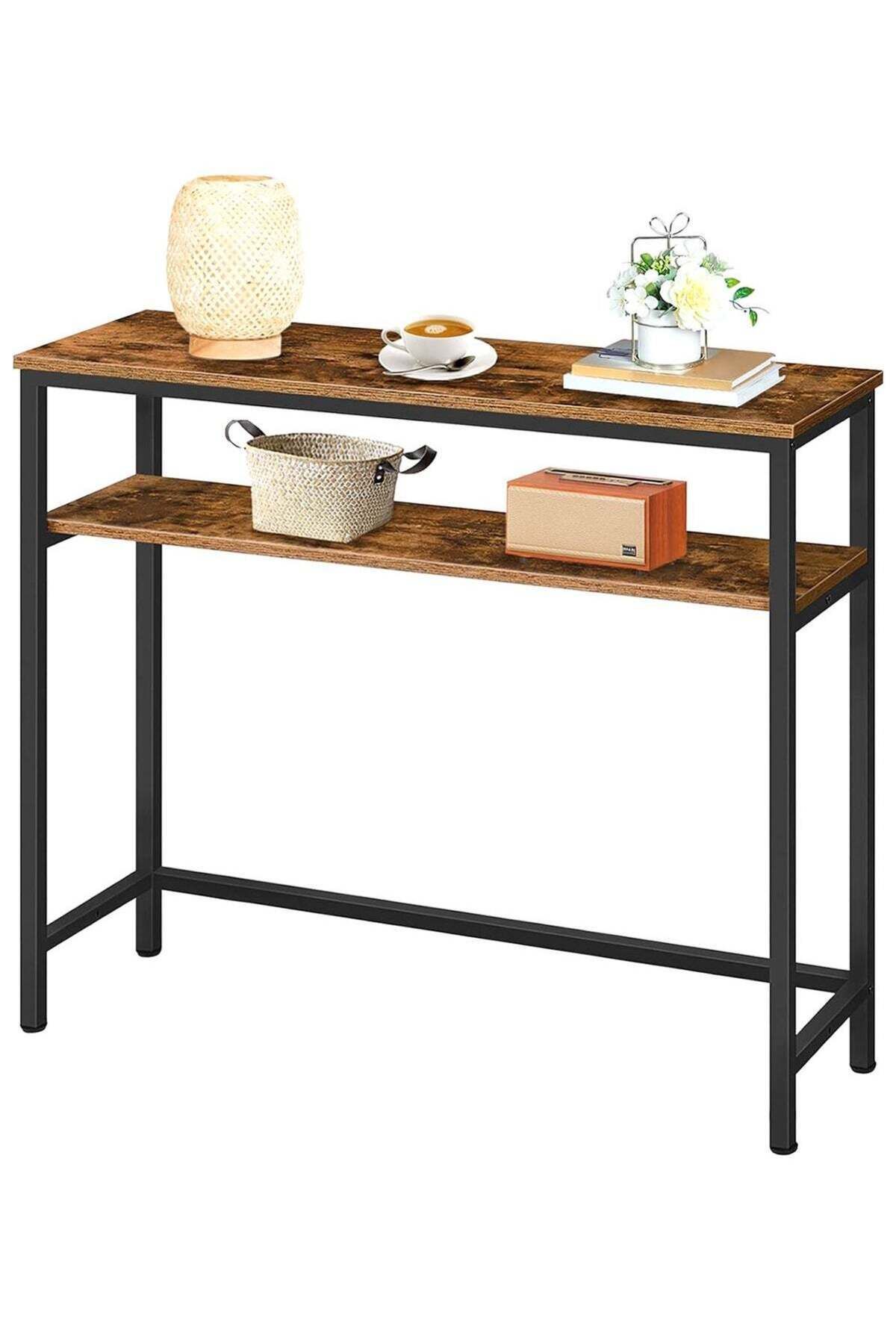 AGD-Console Table 100 x 30 x 90 cm, Slim Sofa Table, Side Coffee Table with 2-Tier Storage Shelf 5