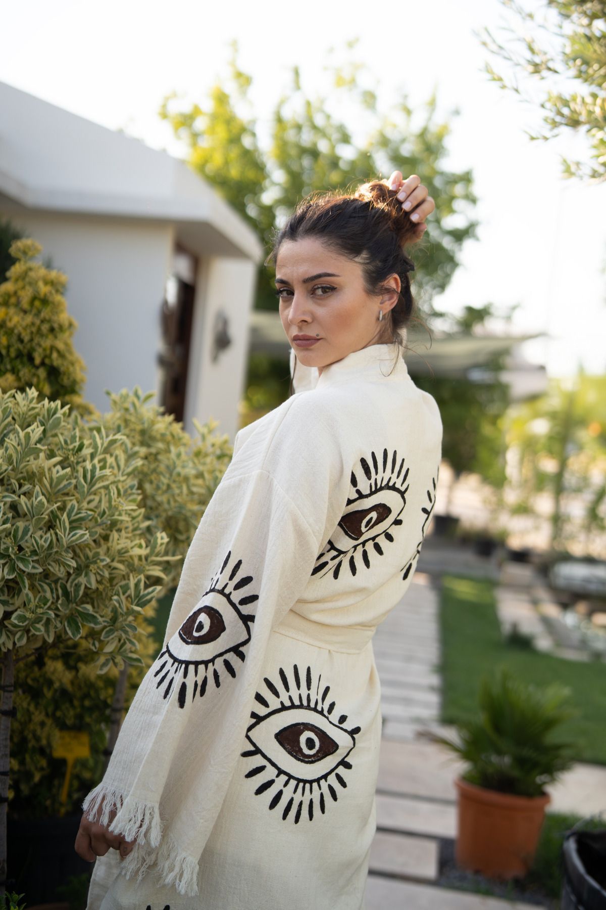Mom Cherie Etnik Göz Baskılı %100 Pamuk Müslin Yetişkin Kimono Kaftan