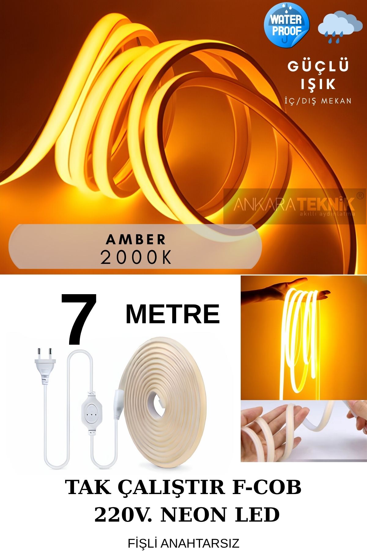 ankarateknik 220 Volt Cob Neon Led Amber (2000K) | F-cob Led | Yüksek Lümen | Dış-iç Mekan | 7 Metre