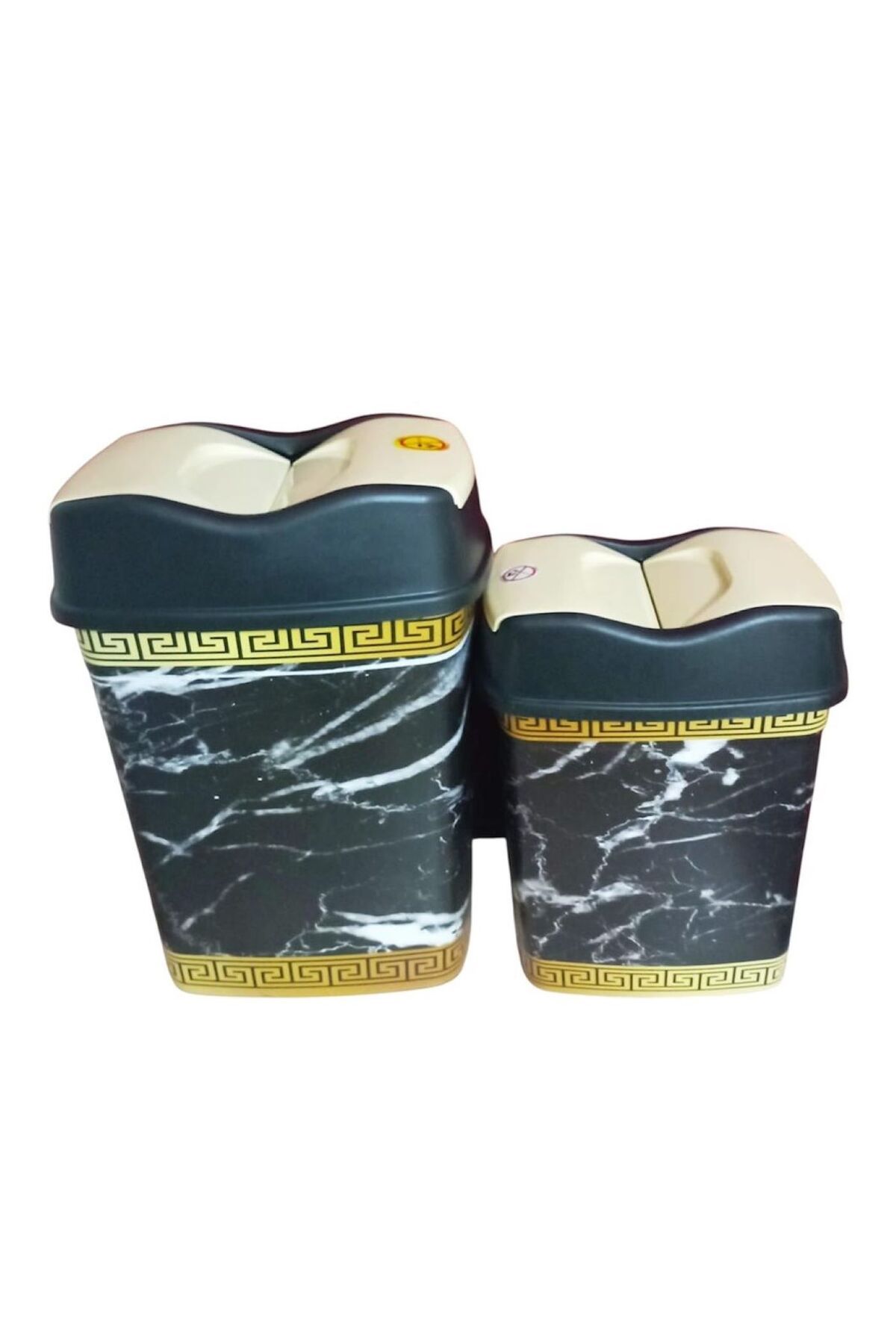 Sağlam 2Lİ SET-10 VE 15 LT KALİTELİ DEKORATİF SİYAH MERMER DESEN MUTFAK /BANYO OYNAR/KLİK KAPAK ÇÖP KOVASI