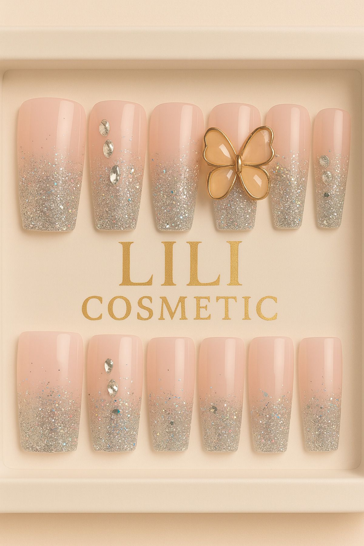 Lili Cosmetic Lüx Taşlı 5D Kelebek Motifli Pembe Gövde Gri Sim Uçlu Takma Tırnak Kendinden Yapışkanlı 12li