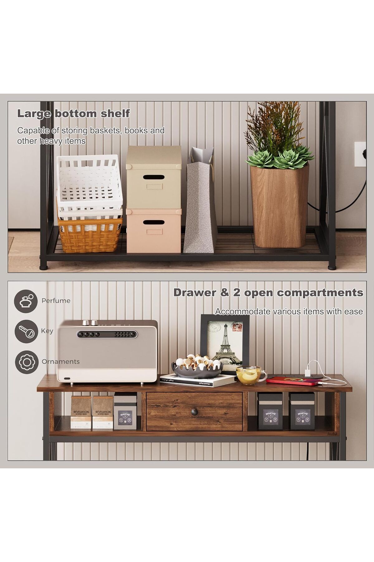 AGD-Modern Entry Coffee Table 100×30×90cm with Storage Shelf and Power Outlet, Side Table for Living R 3