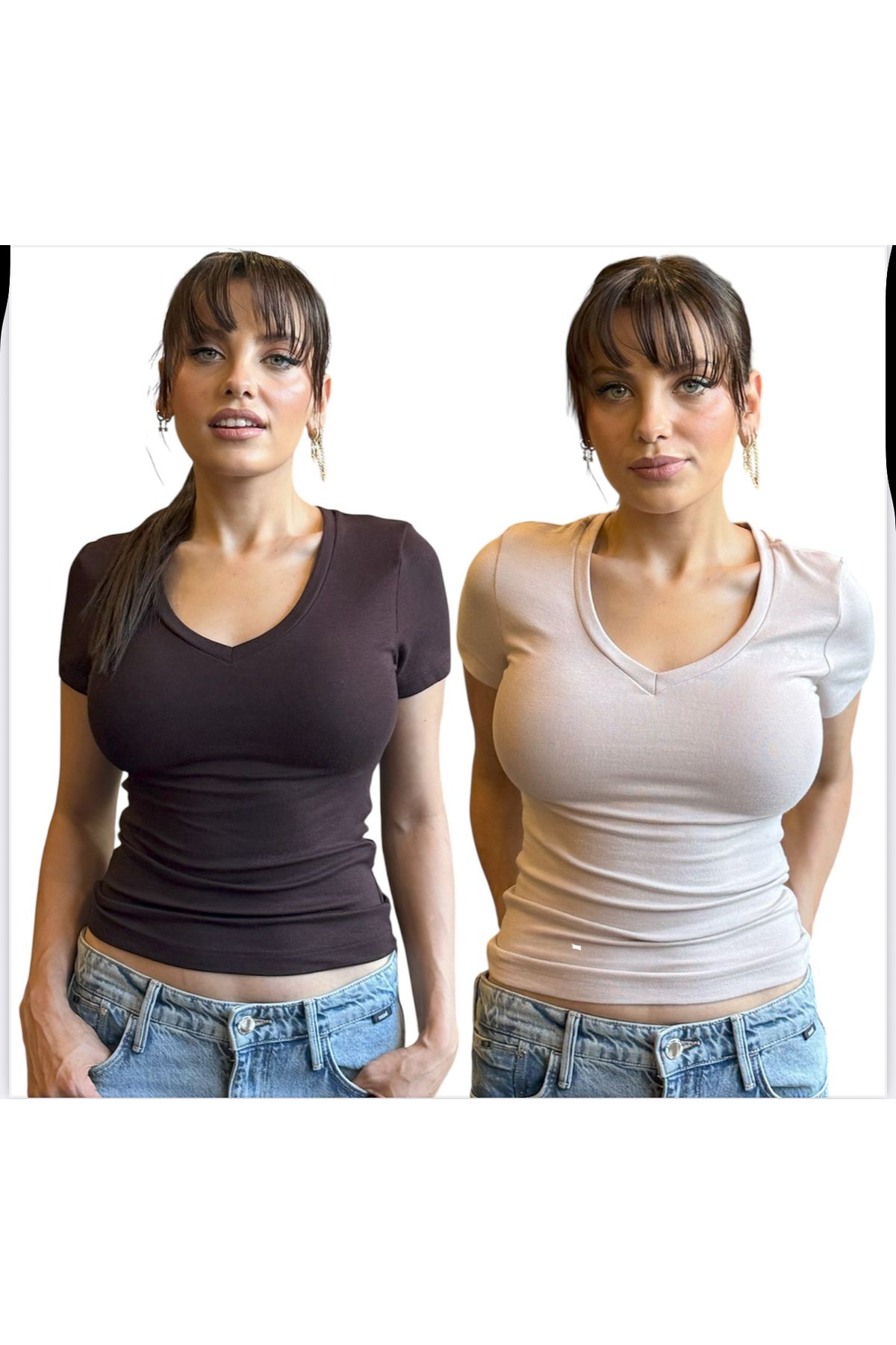 Gi&Di's COLLECTİON Kahverengi ve Bej 2'li Paket V Yaka Bussy Body