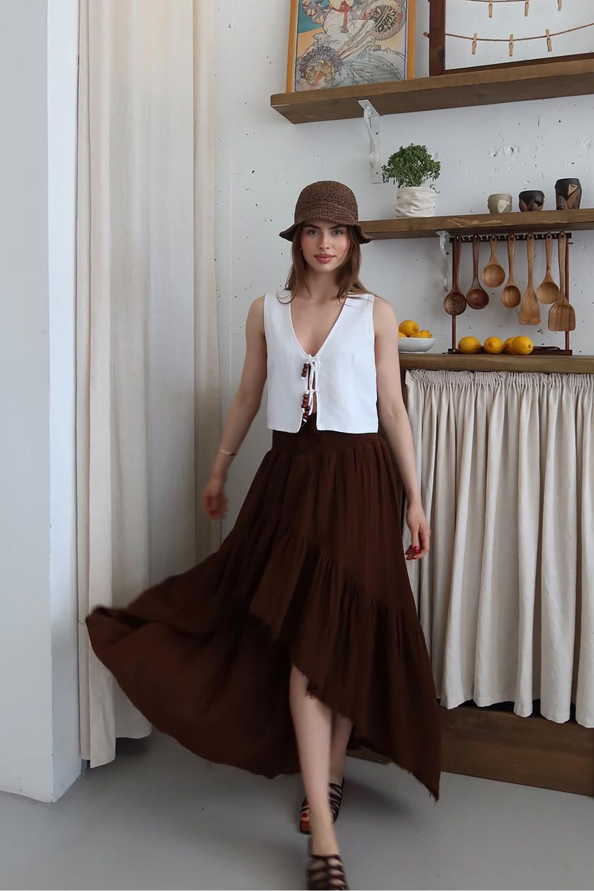 Neşeli Butik kadın müslin kumaş asimetrik etek NBNP011