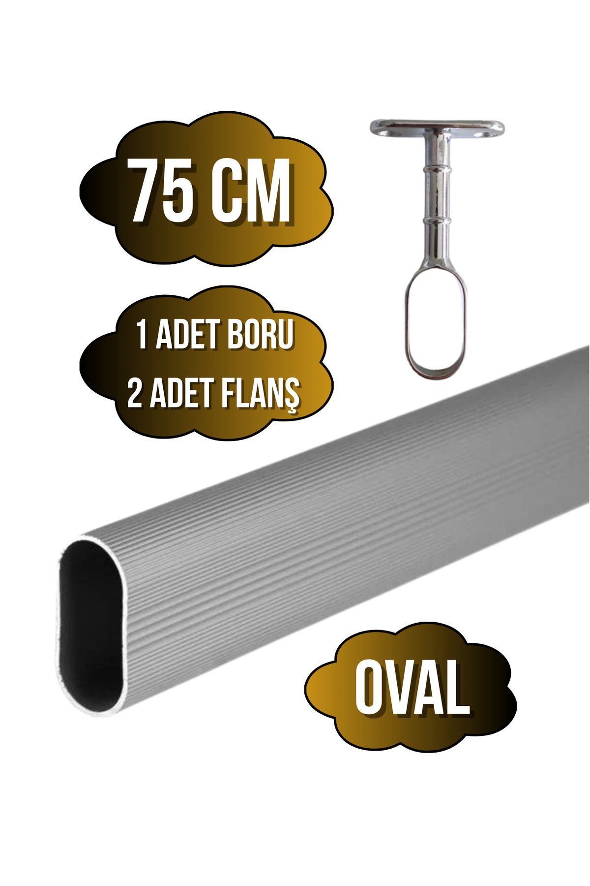 DSYapıAksesuar Alüminyum OVAL Dolap Mobilya Askı Borusu(75CM)(2 ADET AYAKLI AÇIK FLANŞ-1 ADET BORU)(ALÜMİNYUM)