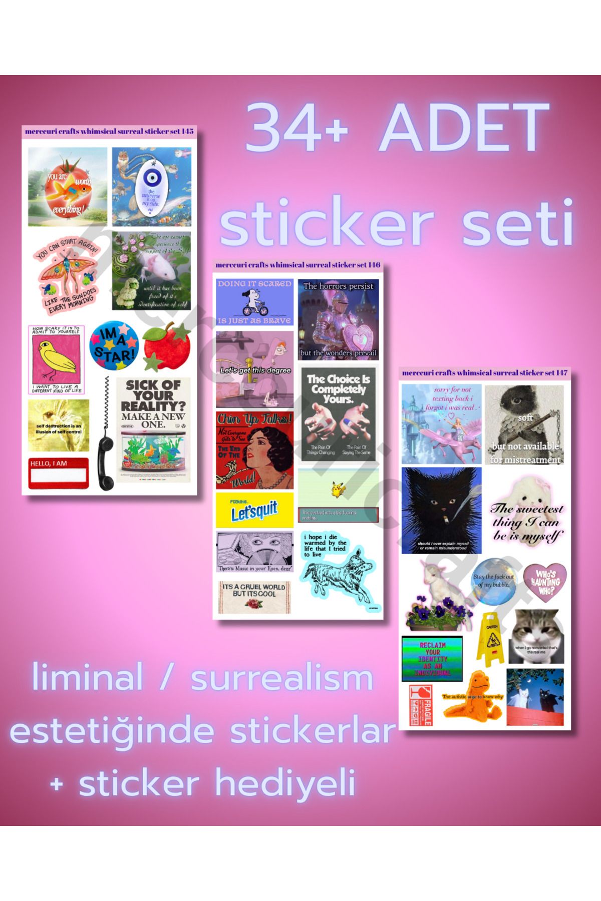 merccuri crafts Liminal Sürreal Sticker Seti (34+ adet Yüksek Kaliteli) - Defter Ajanda, Laptop, Scrapbooking için