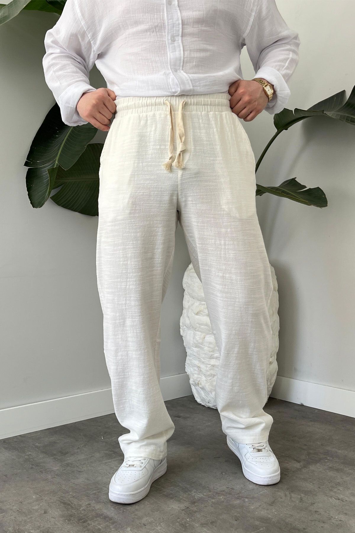 BayAygün BayAygun 5070 Baggy Joger Keten Pantolon_Beyaz