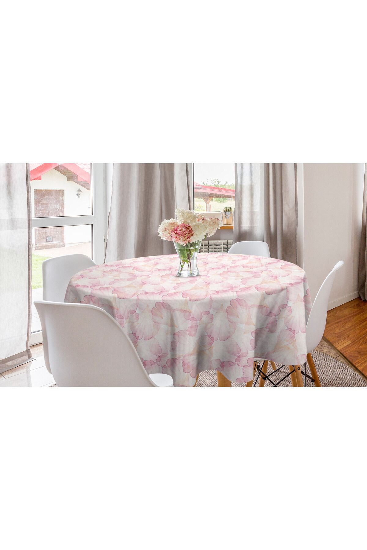 Rengirenk Pastel Desenli, Soluk Pembe Çiçek Yaprakları Yuvarlak Masa Örtüsü, Soluk Pembe Beyaz