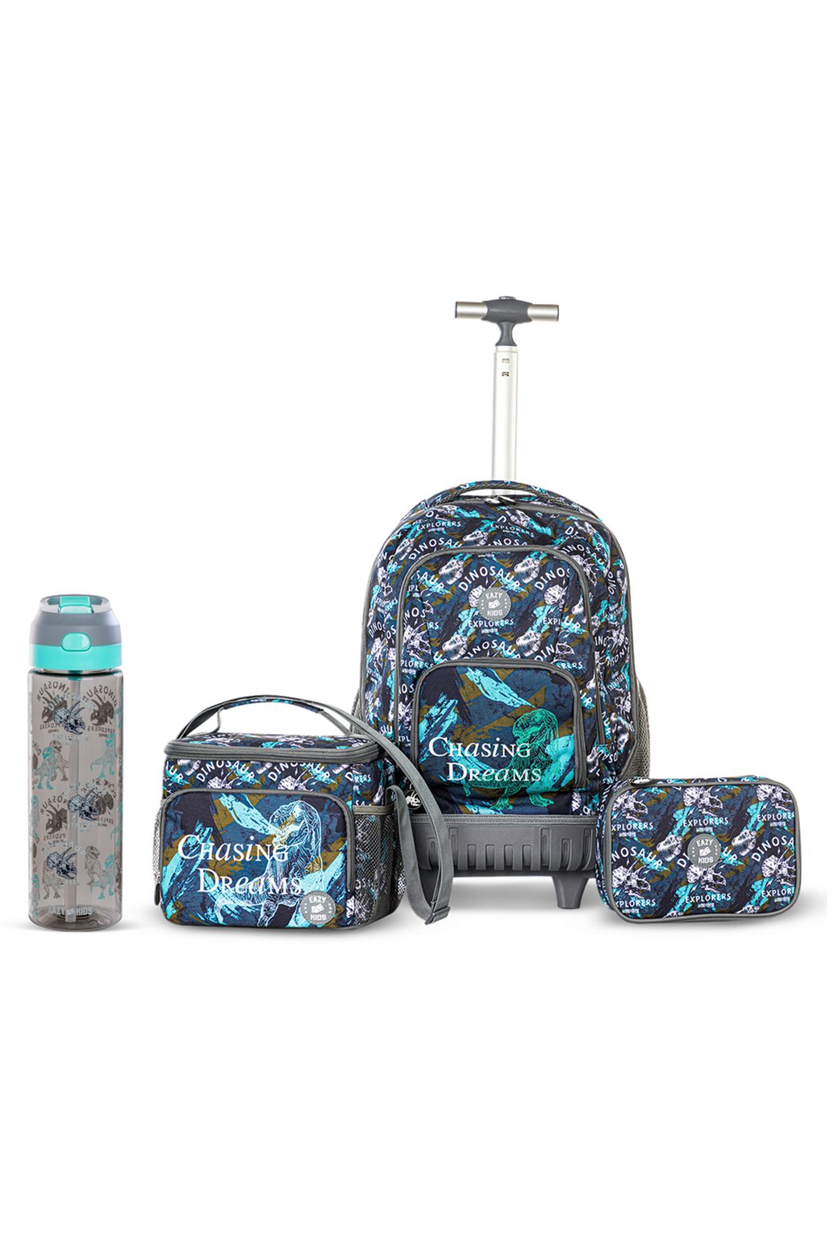 Eazy Kids 18" Set of 4 Trolley Backpack w/ Water Bottle, Lunch Bag and Pencil Case-T Rex