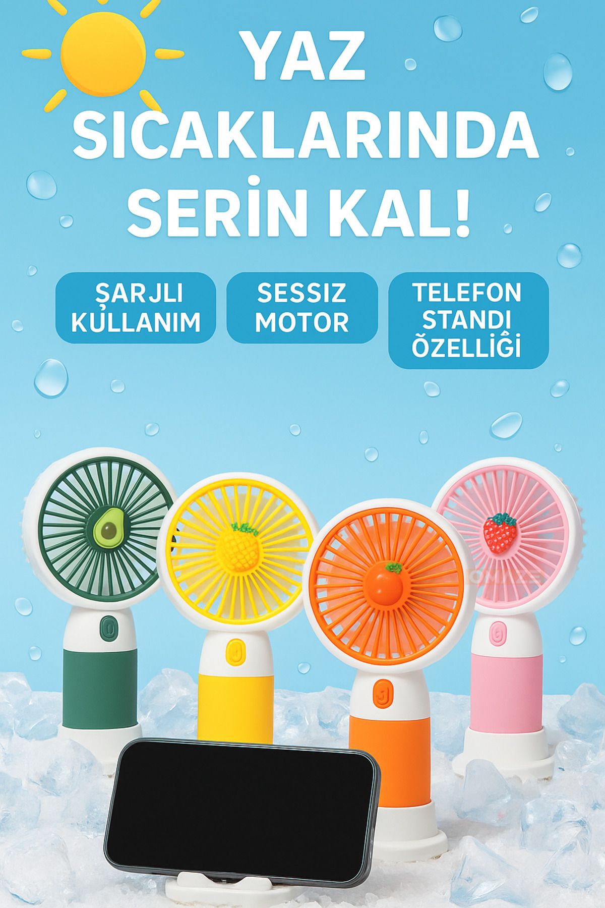 Teknodrone Taşınabilir Meyve Temalı Şarjlı Mini El Vantilatörü – Sessiz Motor USB Şarj Telefon Standı Özellikli