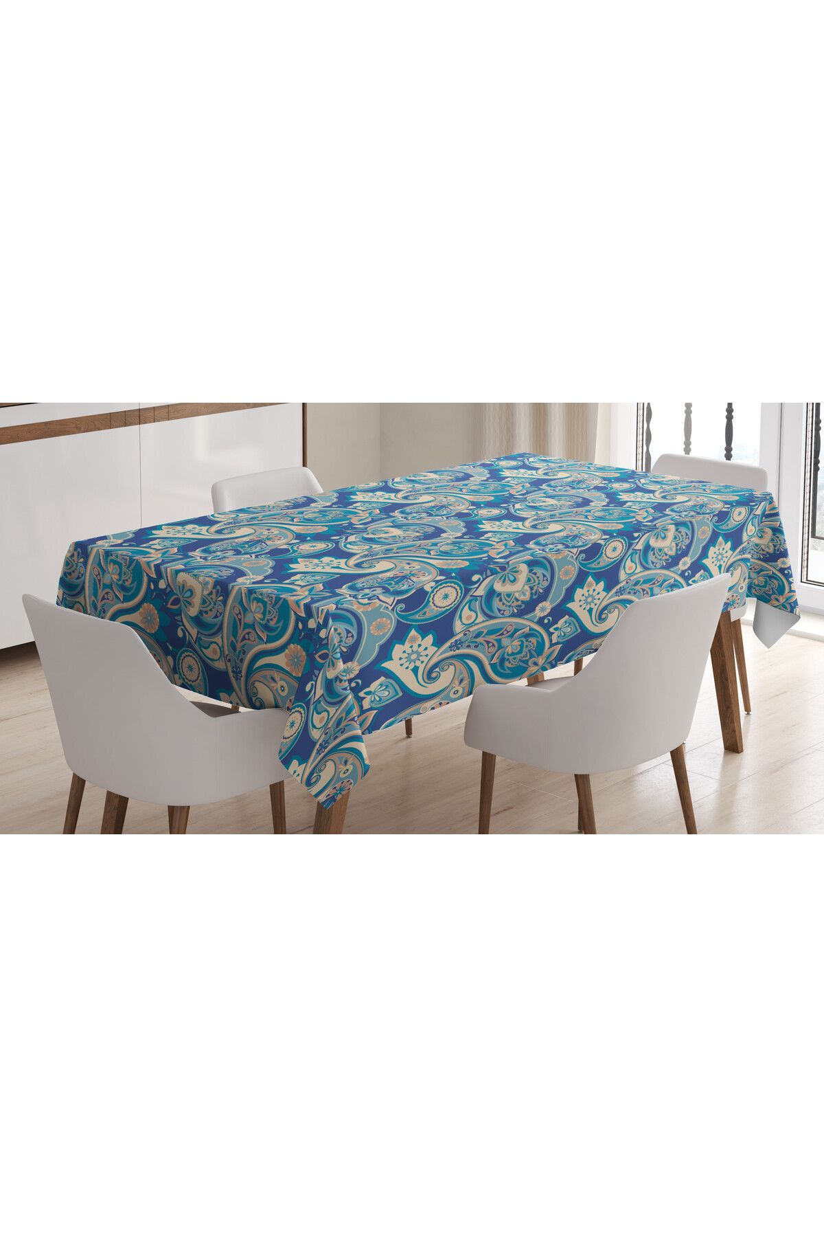 Rengirenk Paisley Desenli, İlham Veren Boho İllüstrasyonu Masa Örtüsü, Teal Lacivert Bronz