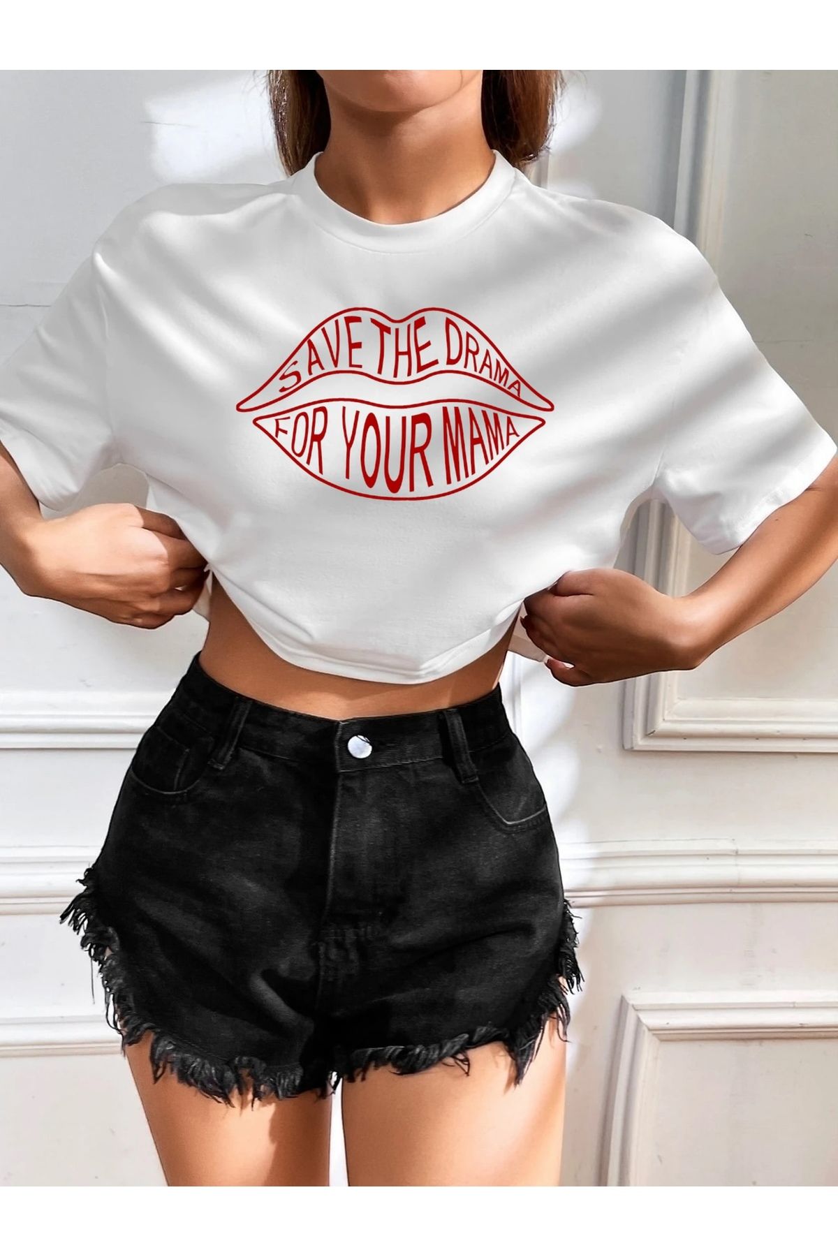 SOHR Kadın Oversize Crop Save The Drama For Your Mama Tasarım T-shirt