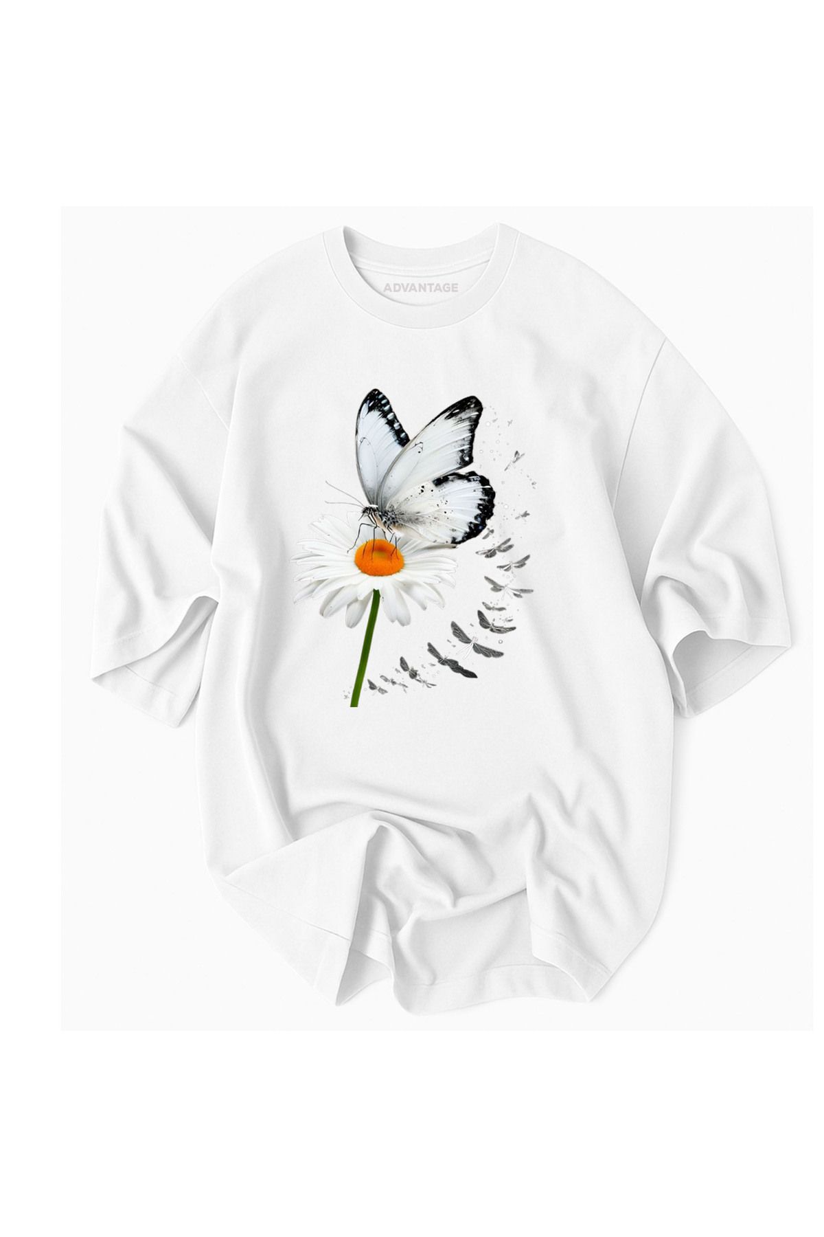 Advantage Kod Adantage Kadın Çiçek Kelebek Desenli Oversize %100 Pamuk- Advantage Premium Tshirt