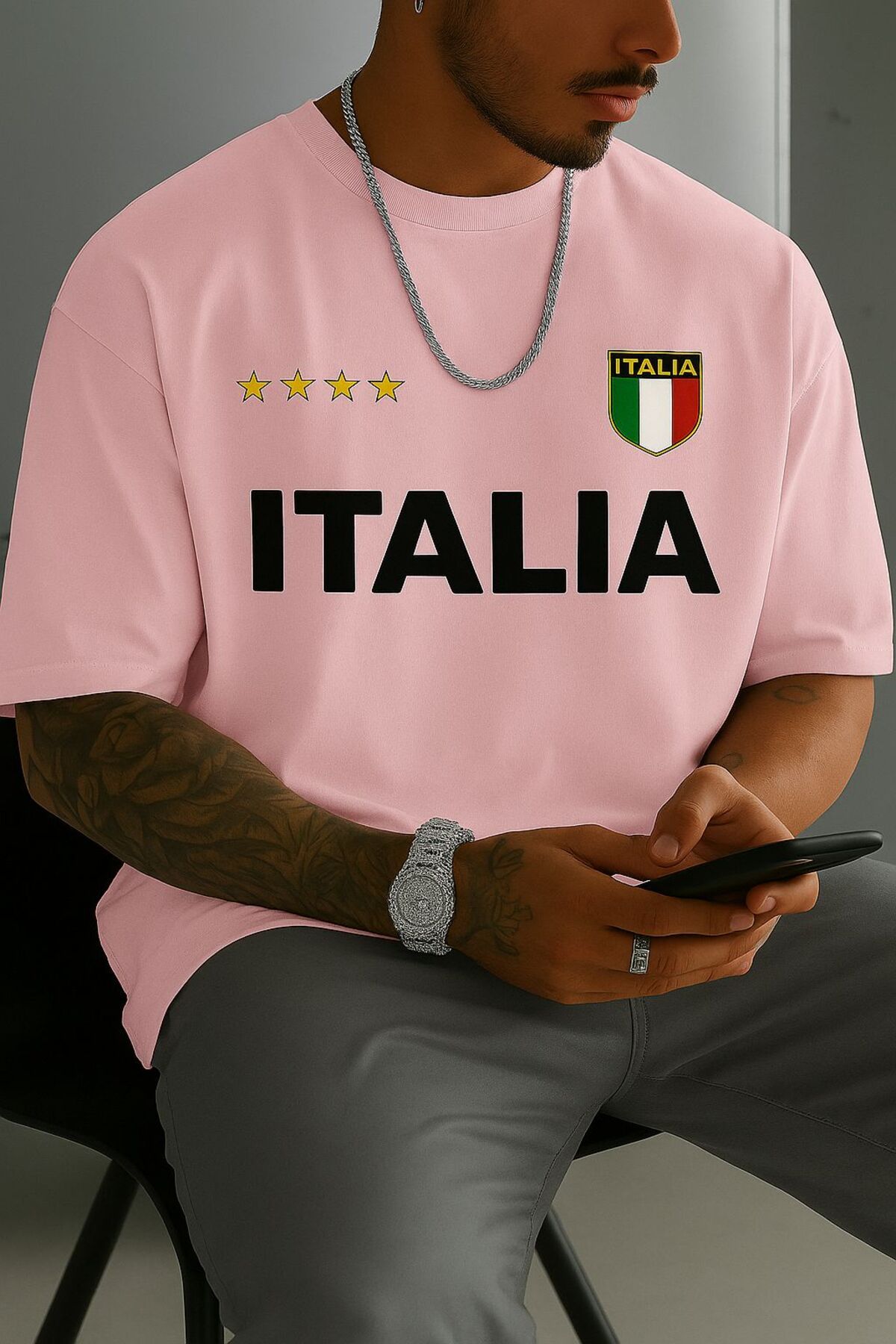 New Shine Italia İtalya Baskılı Büyük Beden Oversize T-Shirt