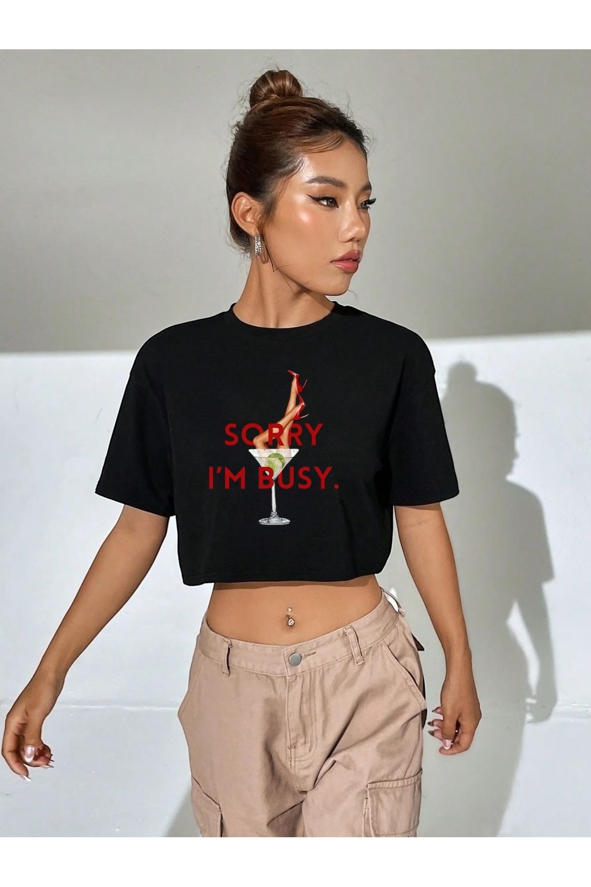 SOHR Kadın Oversize Crop Sorry I'm Busy Tasarım T-shirt