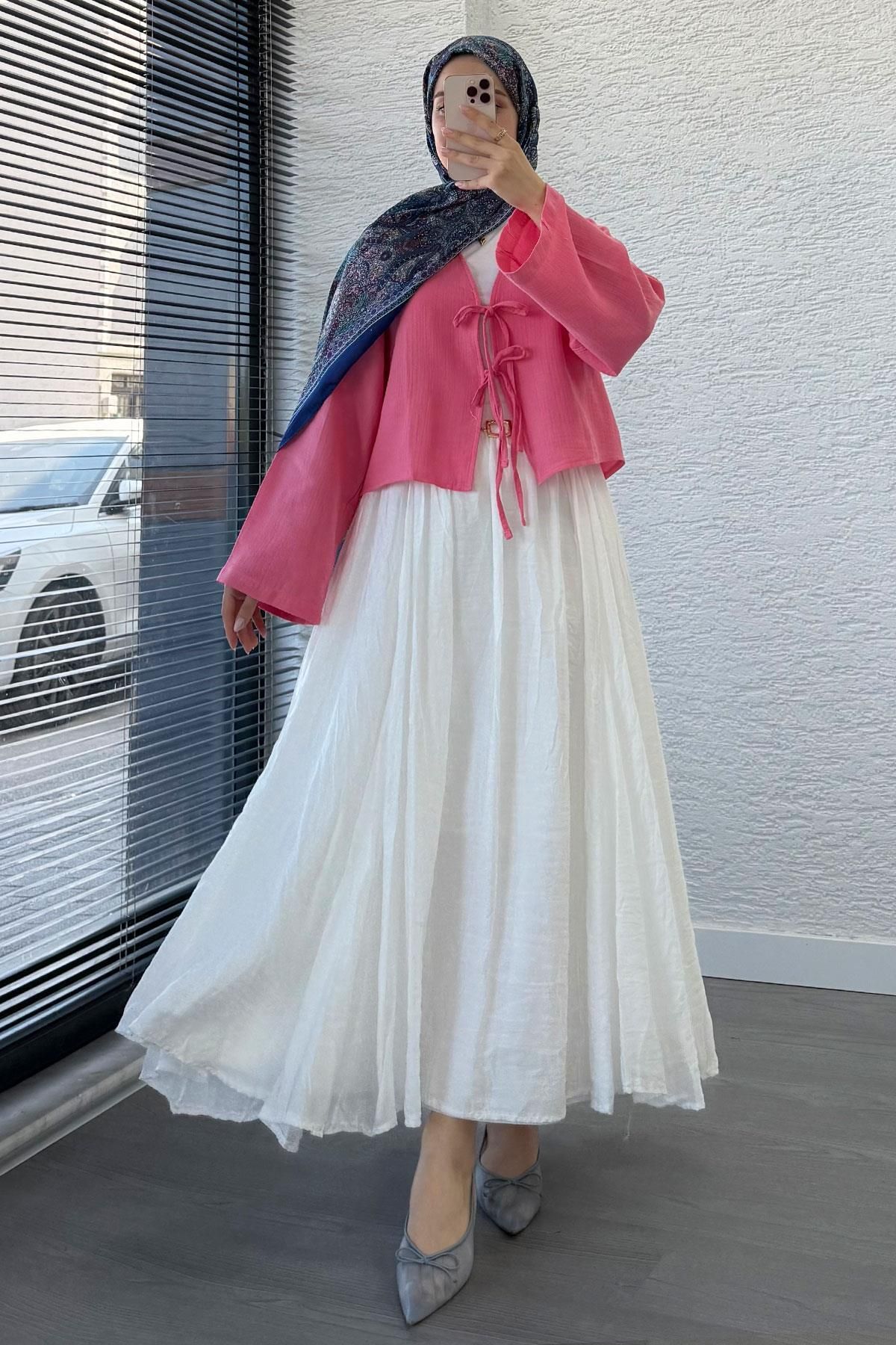 MELEK ARAZ Yazlık Astarlı Vual Etek -Beyaz