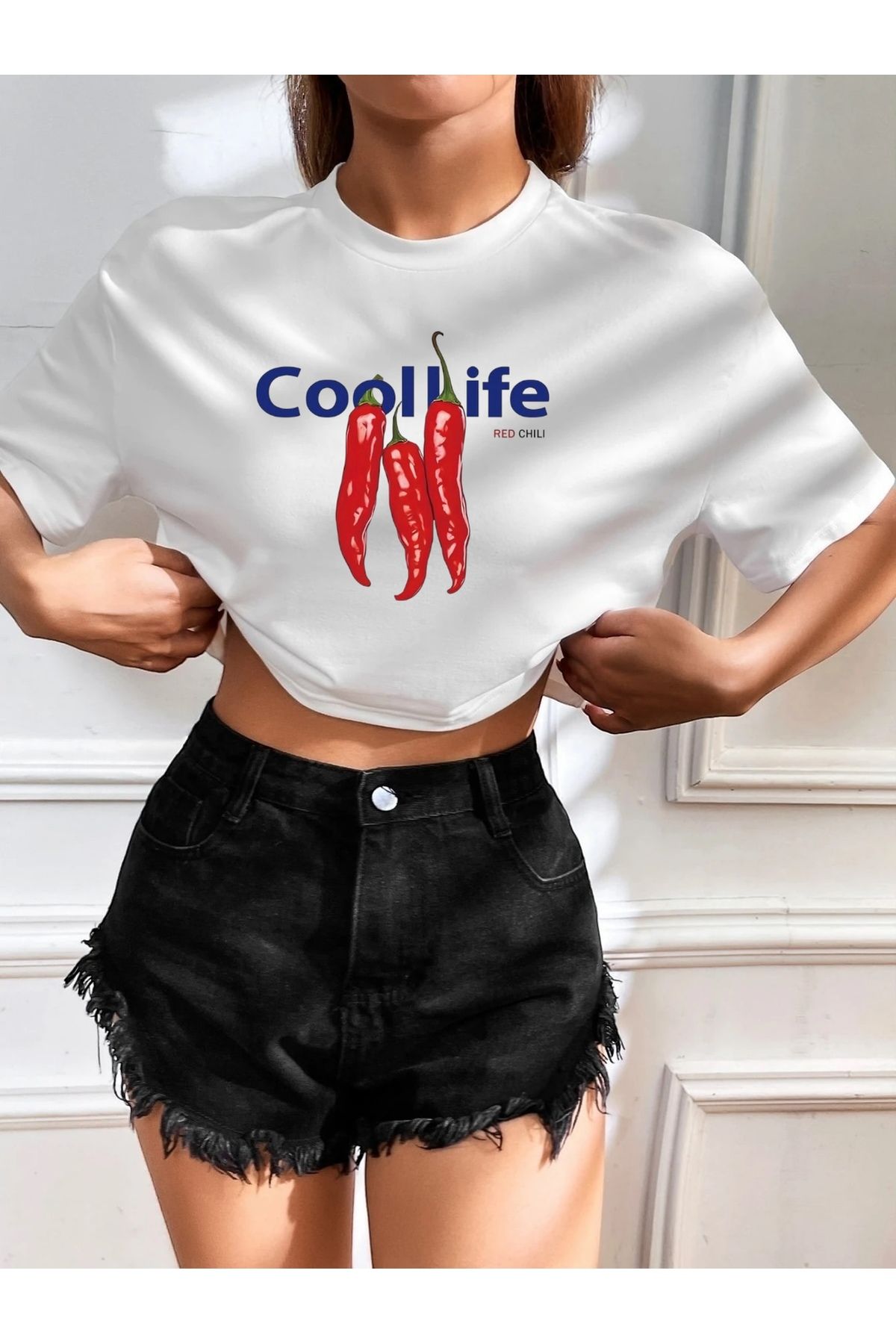 SOHR Kadın Oversize Crop Cool Life Spicy Red Chilli Tasarım T-shirt