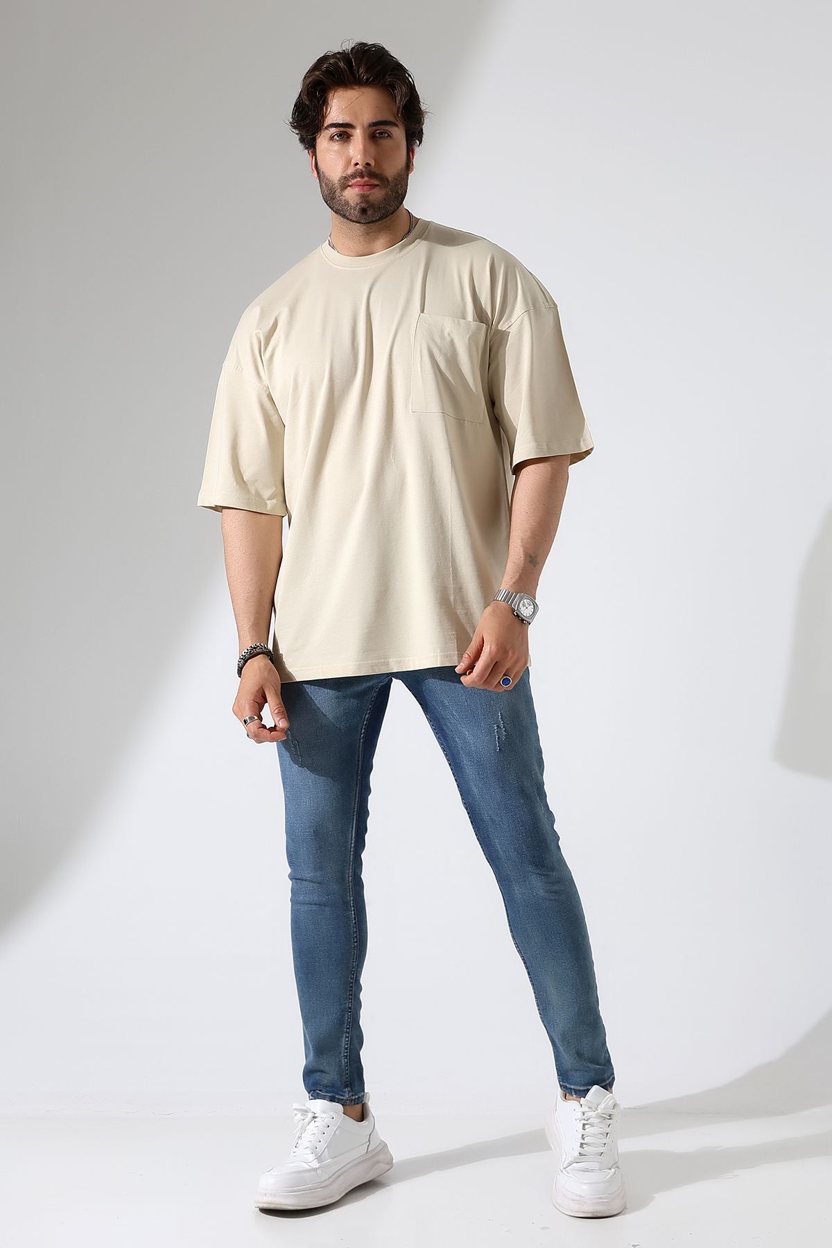 GÖMLEKÇİNİZ Oversize Bisiklet Yaka Cep Detaylı Salaş T-Shirt