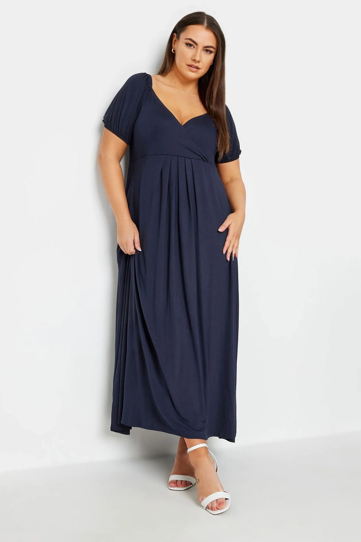 Stil Diva Büyük Beden Göğüs Dekolteki V Yaka Beli Lastikli Maxi Elbise 302970