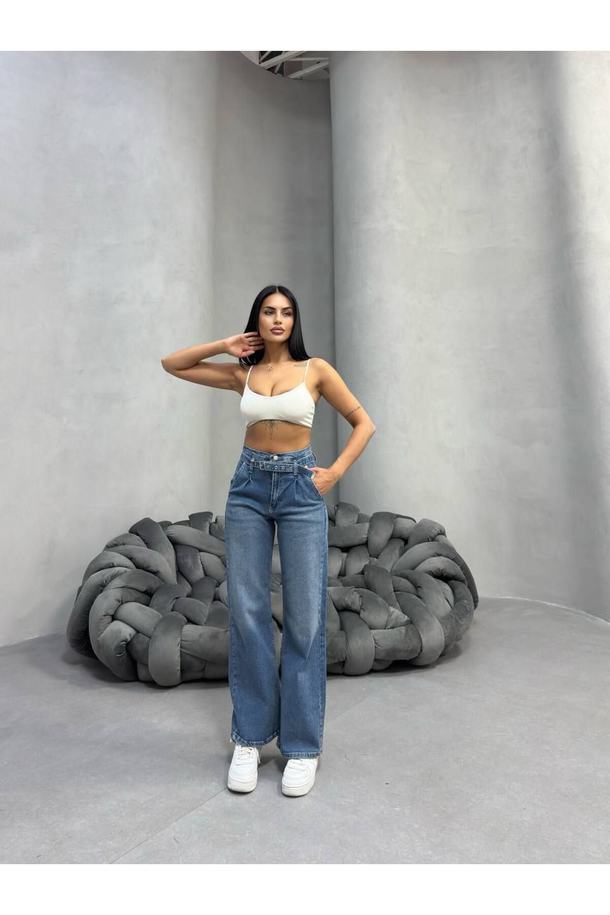 Miele Woman Kadın Yüksel Bel Kemerli Palazzo Bol Paça Full Likra Esnek Jeans