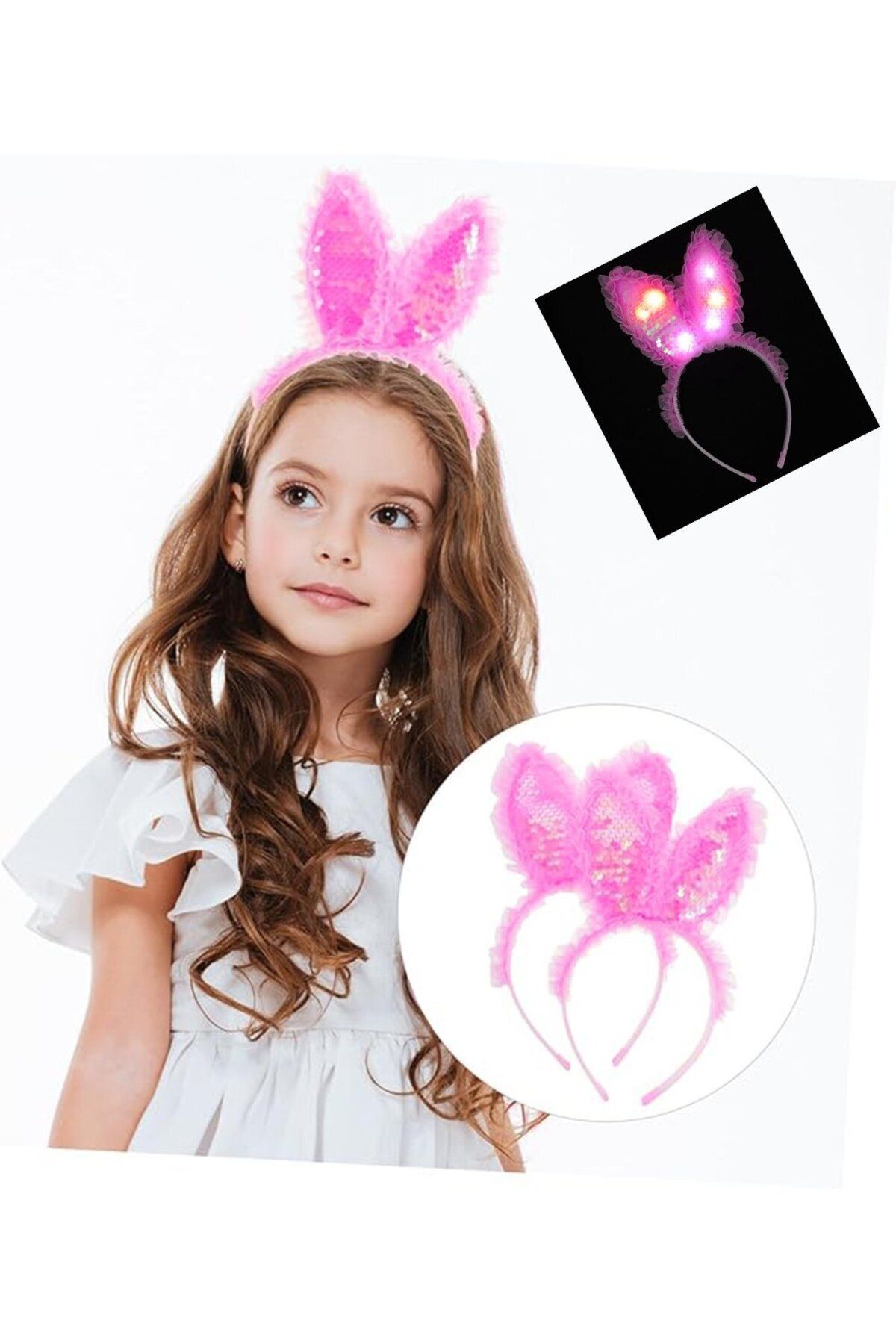 Modafiks Kenarları Dantelli Fuşya Pullu Payetli Led Işıklı Tavşan Kulak 23x19 cm