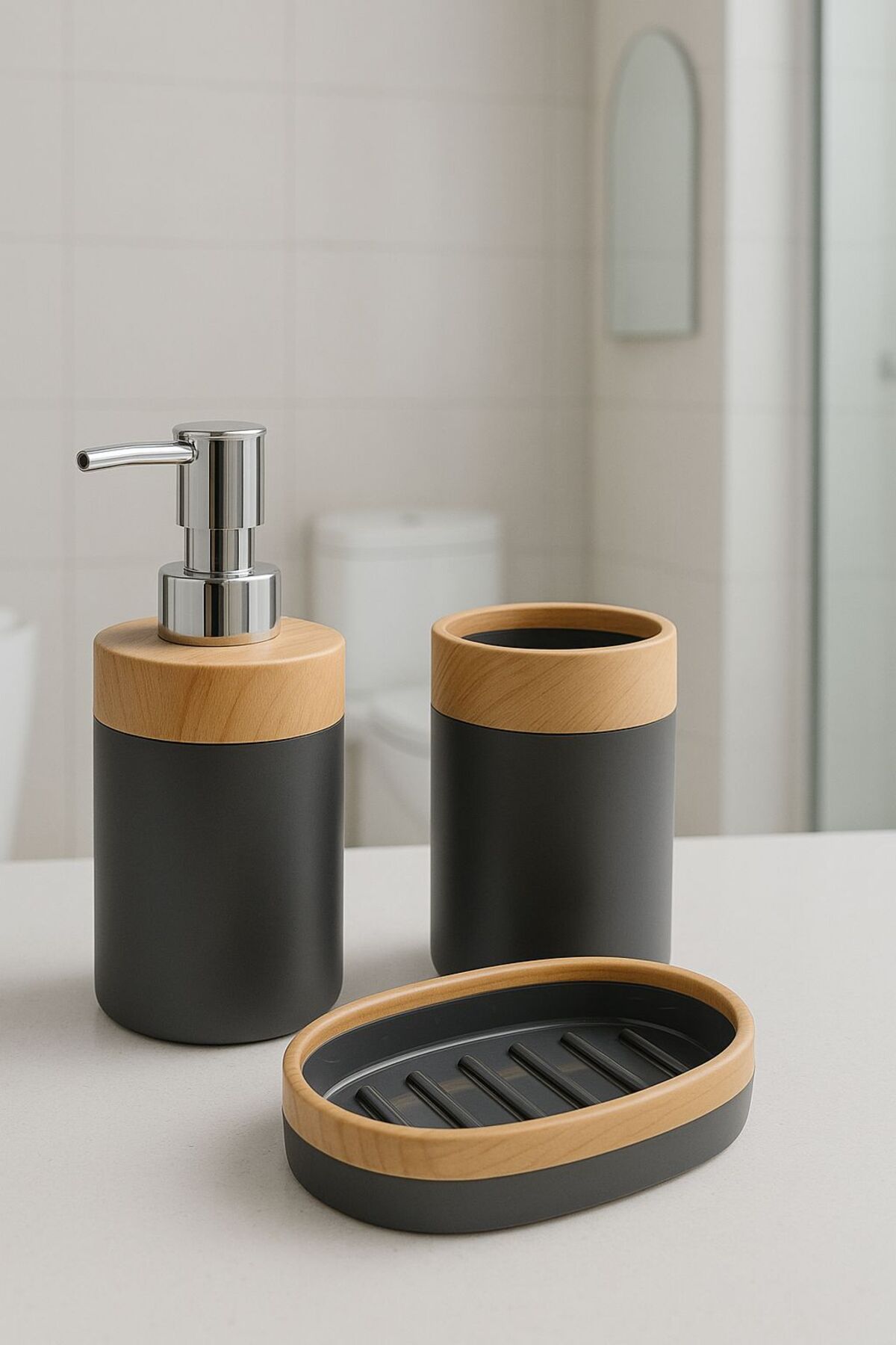 Kelepir Fırsatlar 3’lü GRİ Renk Banyo Seti Sabunluk Diş Fırçalık ve Sıvı Sabunluk – Ahşap Kapaklı Modern Tasarım