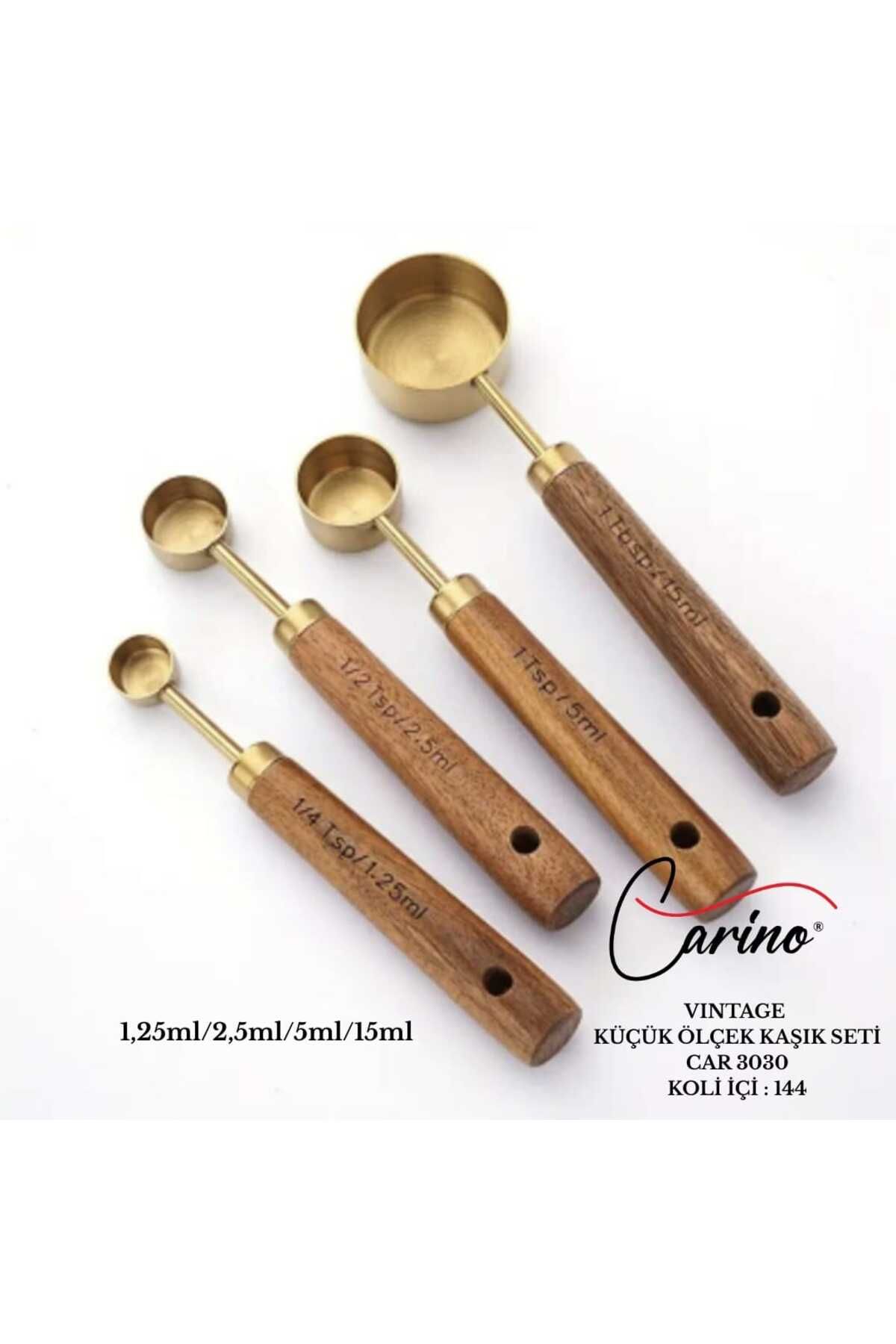 Carino CARİNO 4 Adet Gold Paslanmaz Çelik Ahşap Saplı Ölçü Kaşığı Seti Ölçü Kabı 1.25ml 2.5ml 5ml 15ml