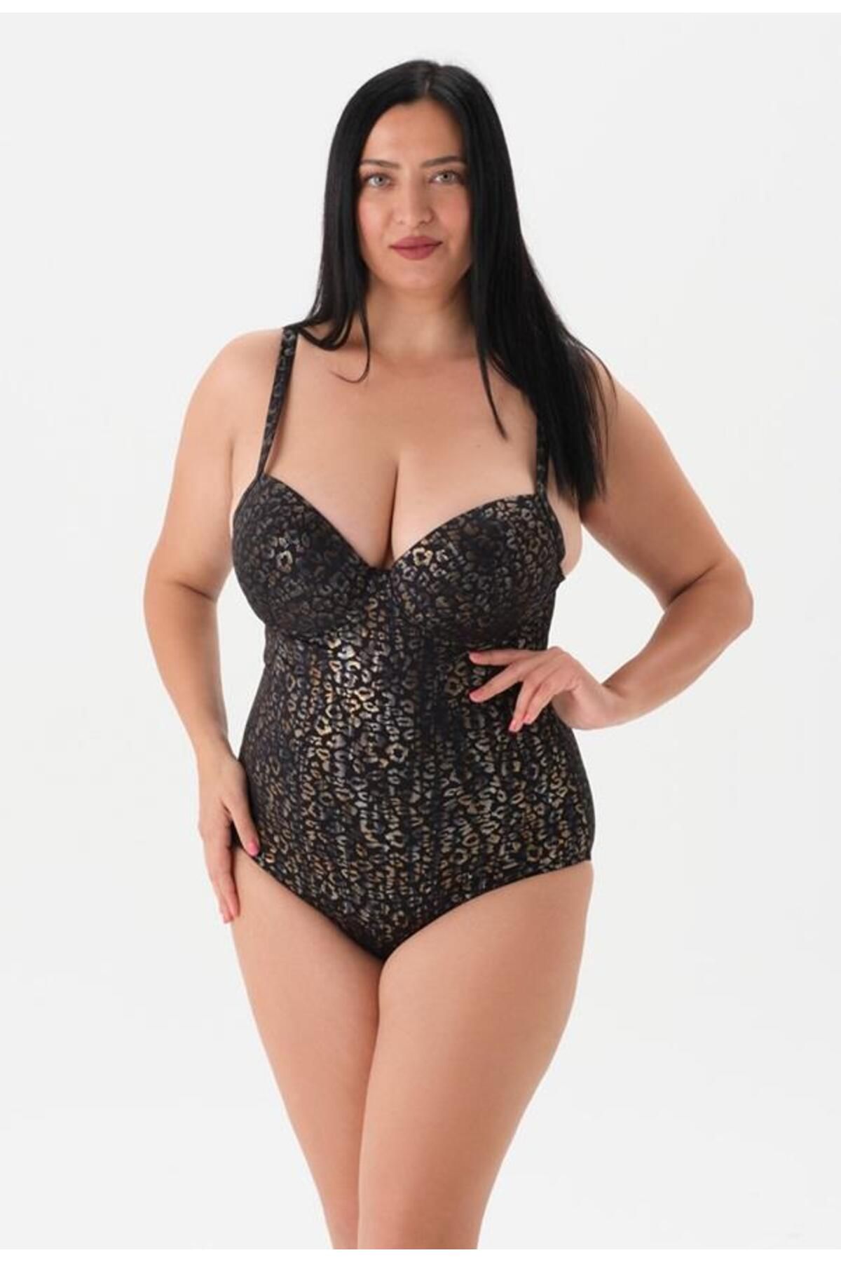 Eros 4090 Siyah Leopar Desenli Yarı Destekli Dolgulu Balenli Mayo