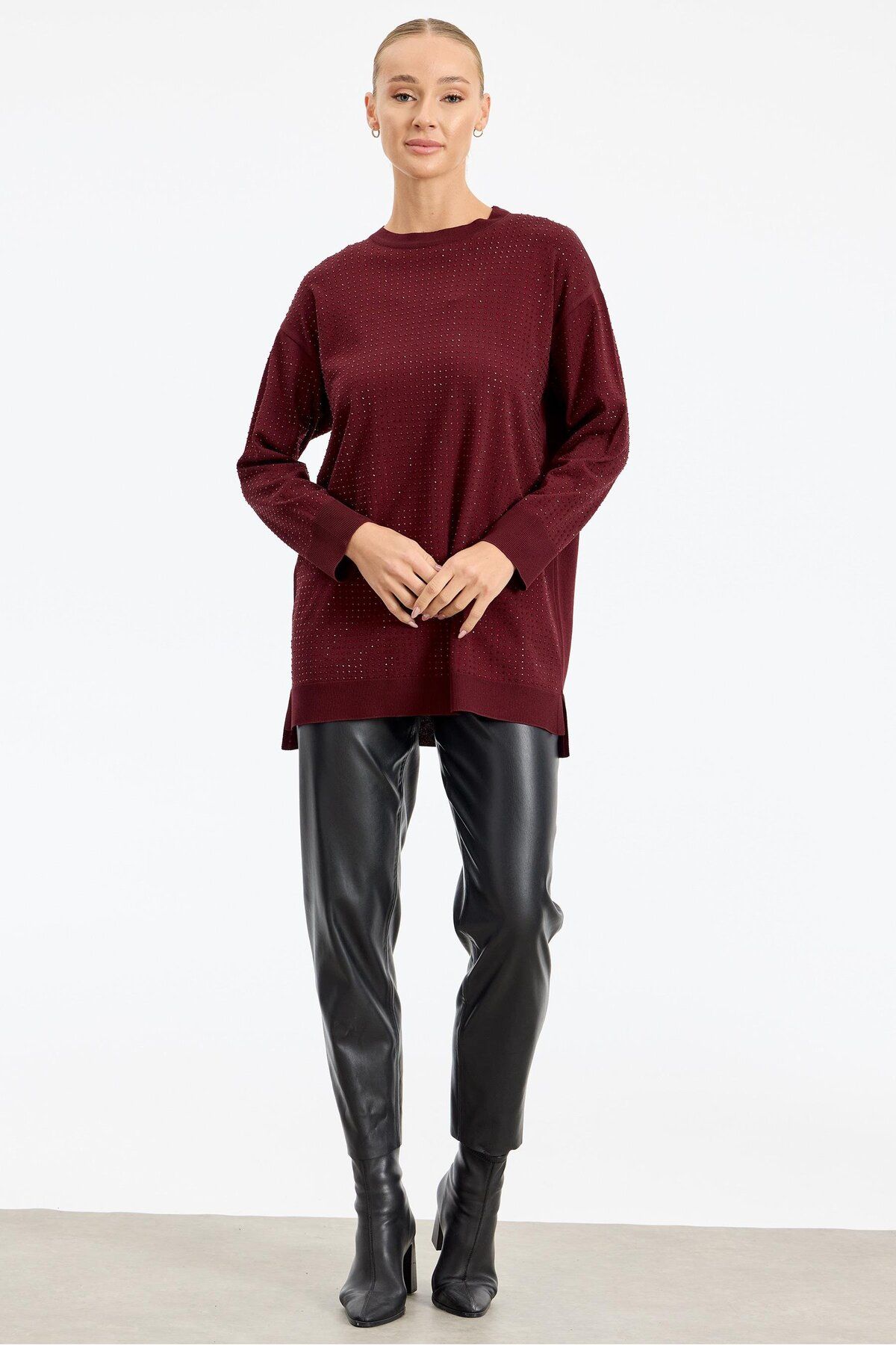 Tığ Triko Taş Baskılı Rayon Tunik BORDO